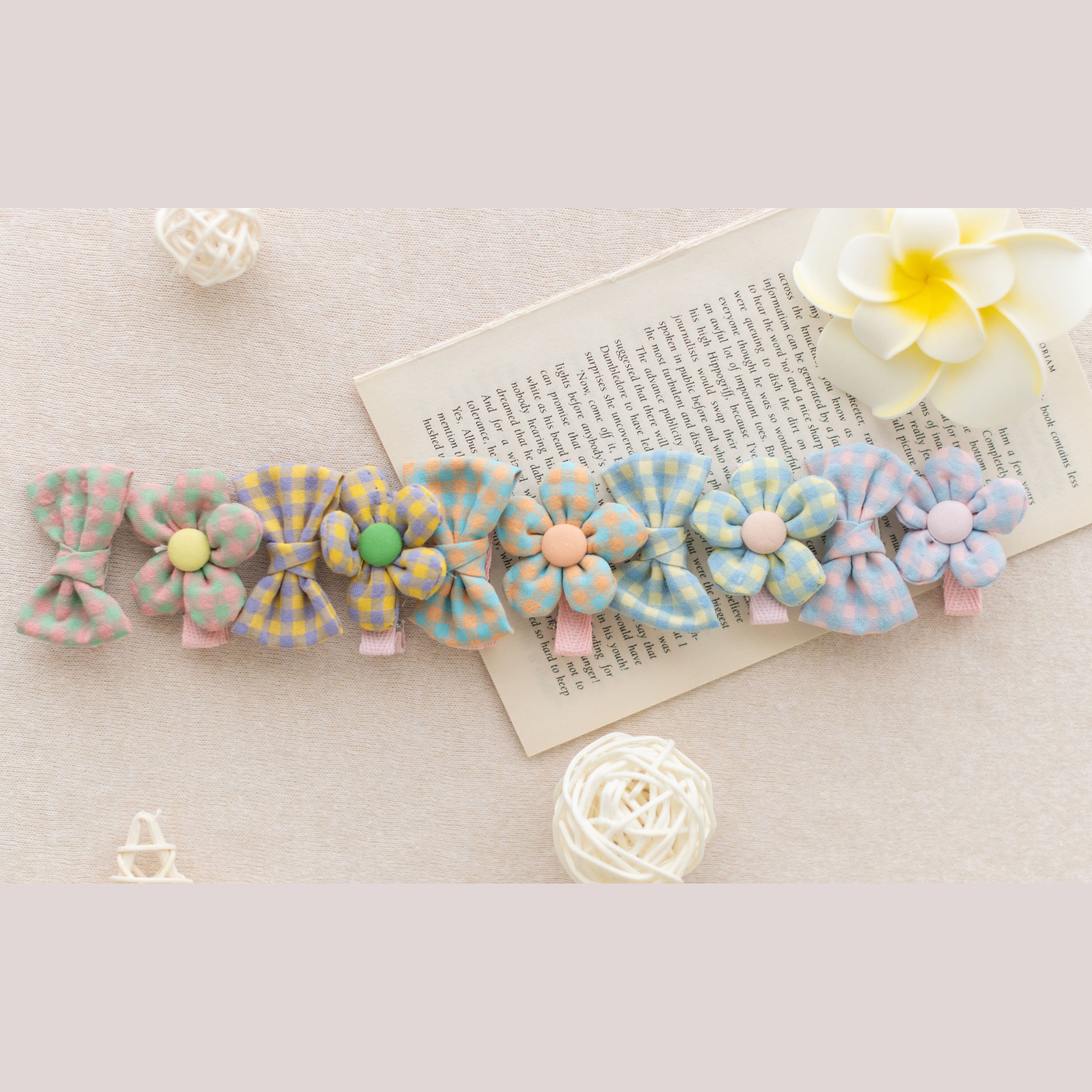Plaid Cotton Bow & Flower Hair Clips for Baby & Toddler Girls - 10 Pack