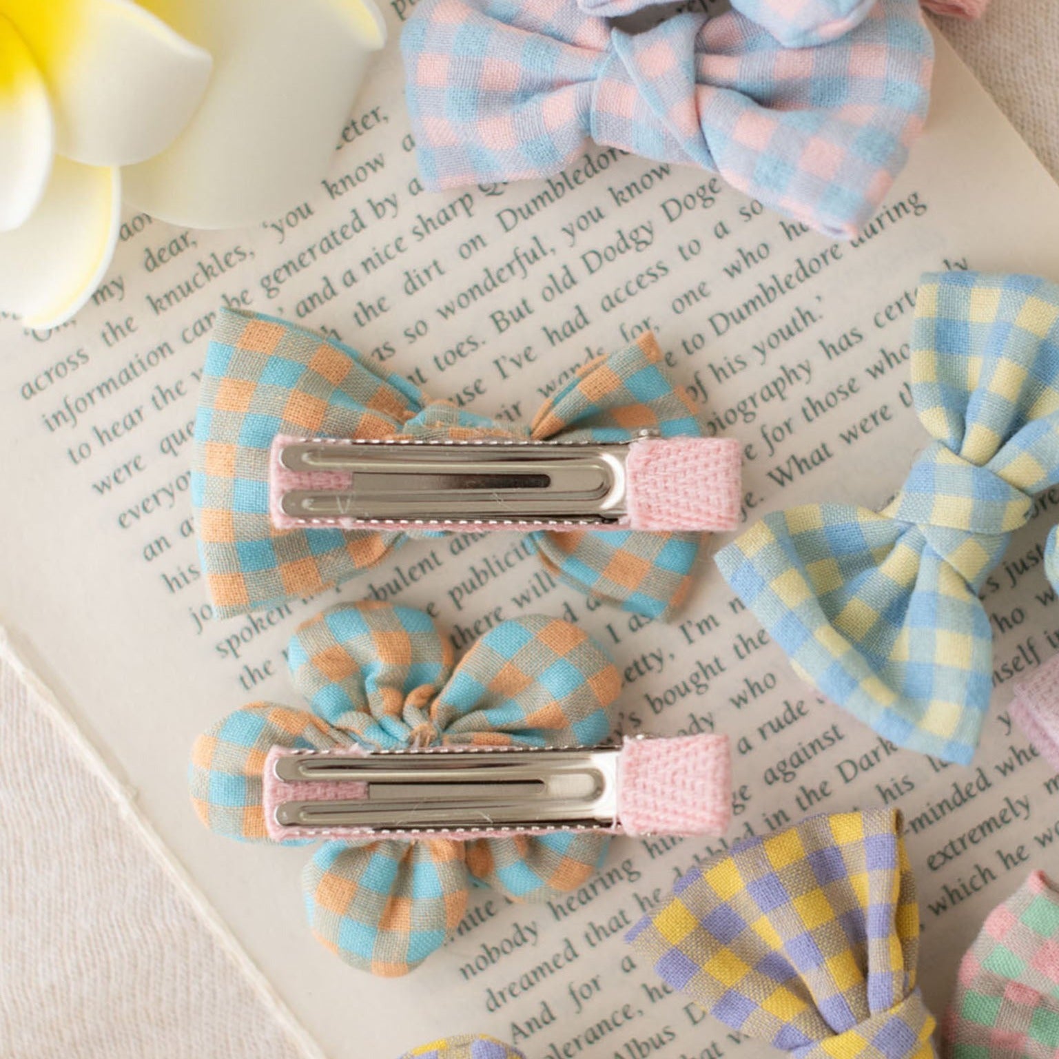 Plaid Cotton Bow & Flower Hair Clips for Baby & Toddler Girls - 10 Pack
