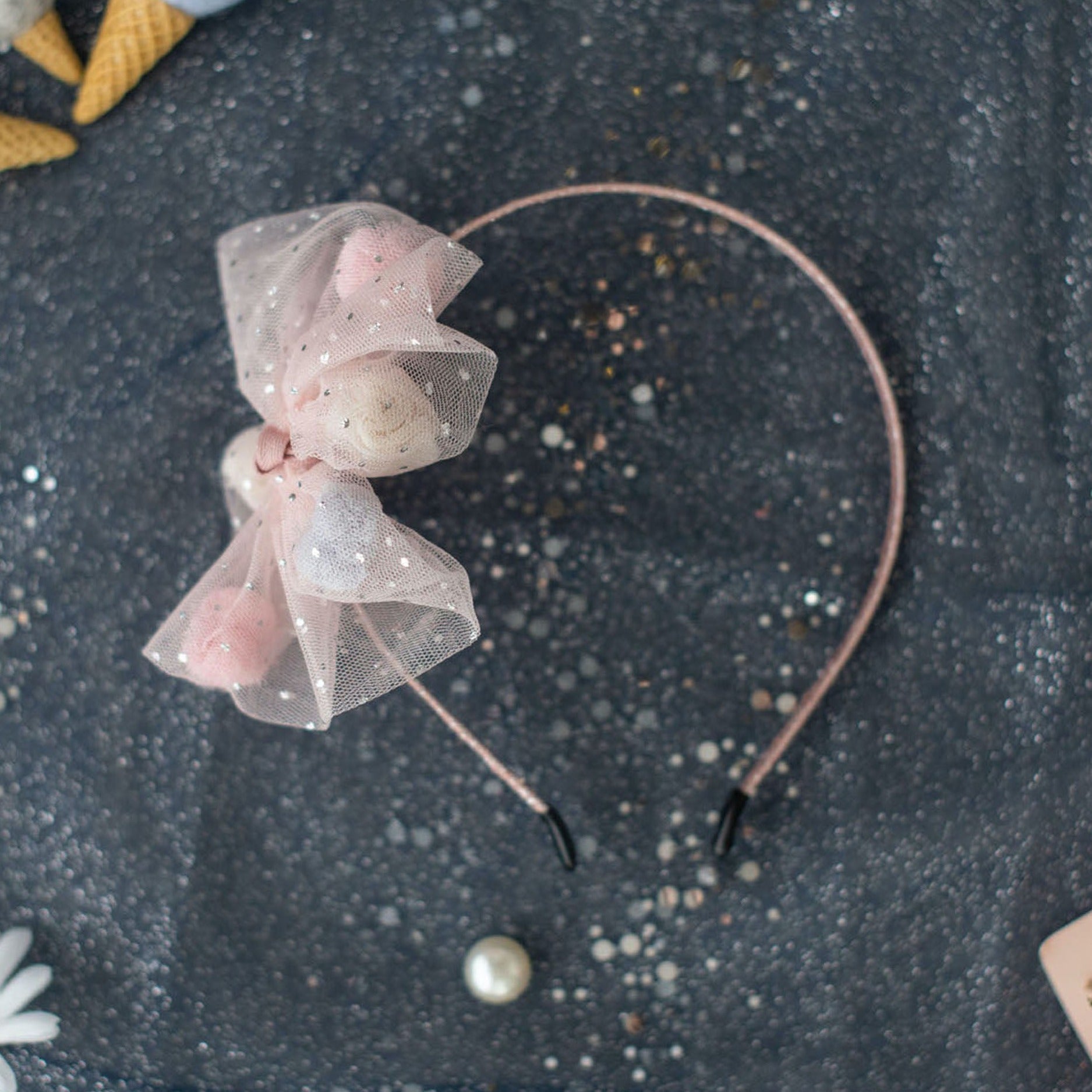 Summer Crystal - Tulle Bow Headband with Pompons - 1 Pack