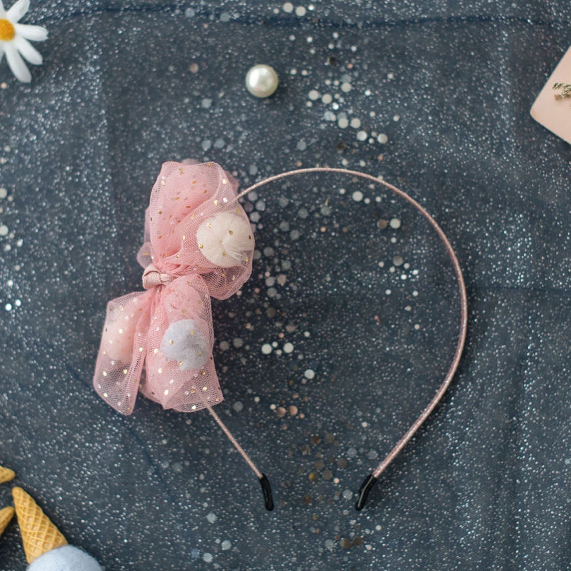 Summer Crystal - Tulle Bow Headband with Pompons - 1 Pack
