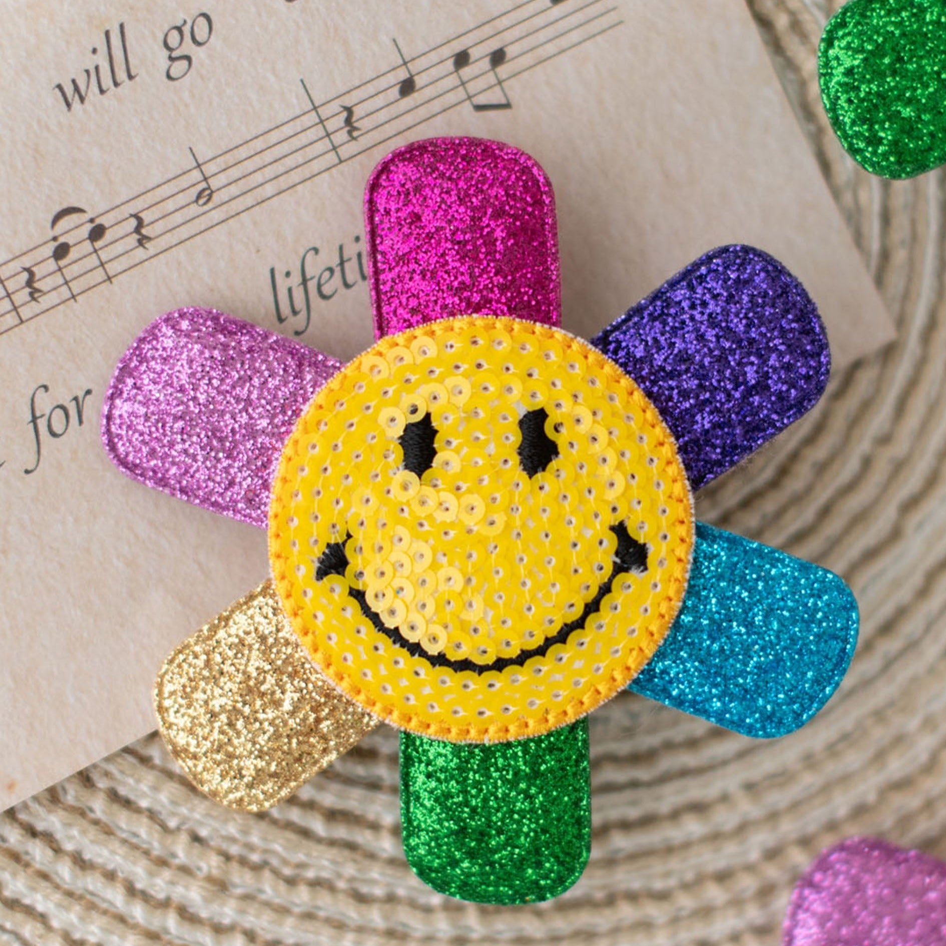 Summer Crystal - Rainbow Glitter Smiley Face Hair Clip - 1 Pack