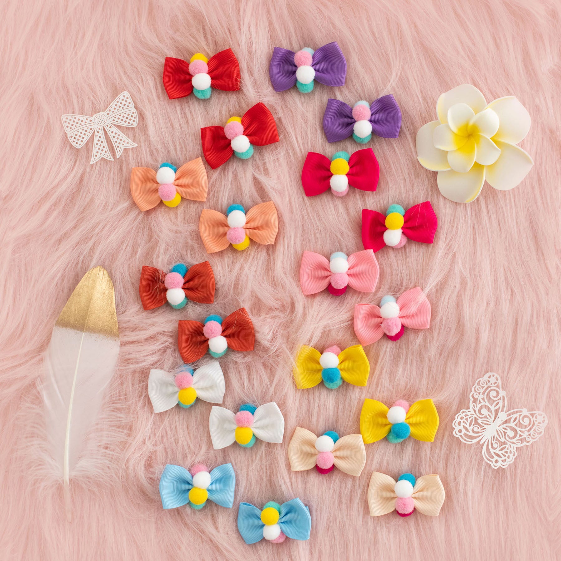 Pompoms Cotton Bow Hair Clips for Baby & Toddler Girls - 10 Pack