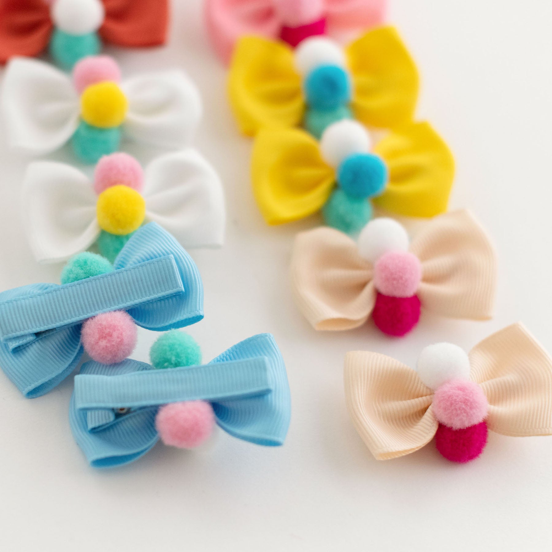Pompoms Cotton Bow Hair Clips for Baby & Toddler Girls - 10 Pack