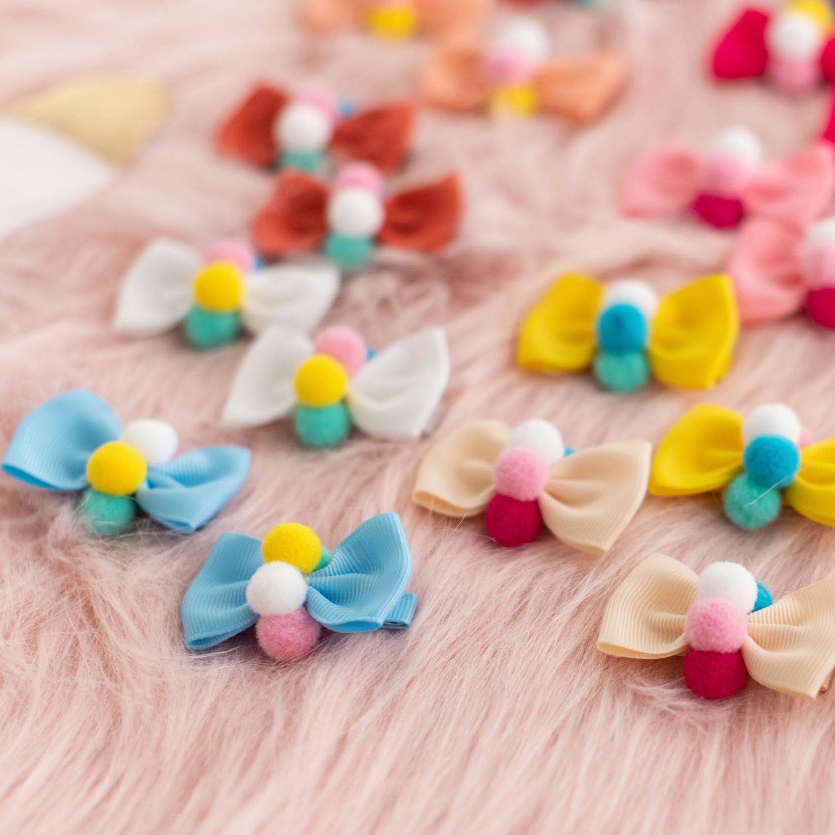Pompoms Cotton Bow Hair Clips for Baby & Toddler Girls - 10 Pack