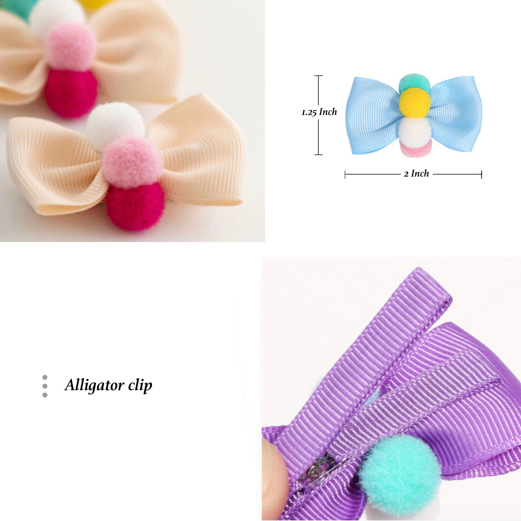 Pompoms Cotton Bow Hair Clips for Baby & Toddler Girls - 10 Pack