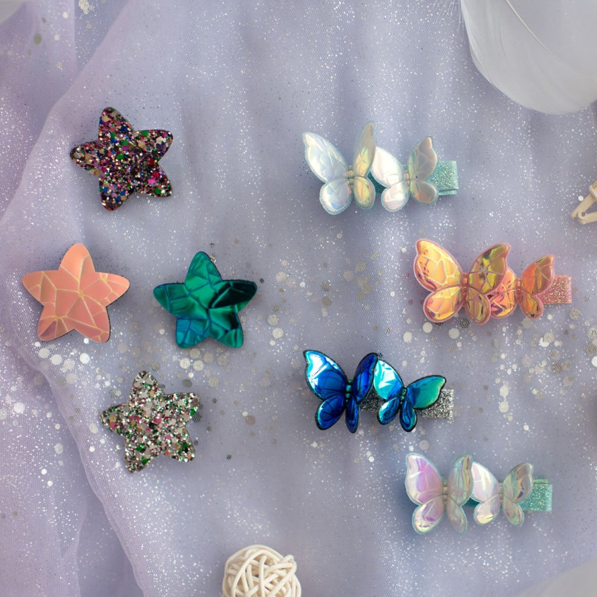 Summer Crystal - Laser Star & Butterfly Hair Clips – Mixed Colors - 8 Pack