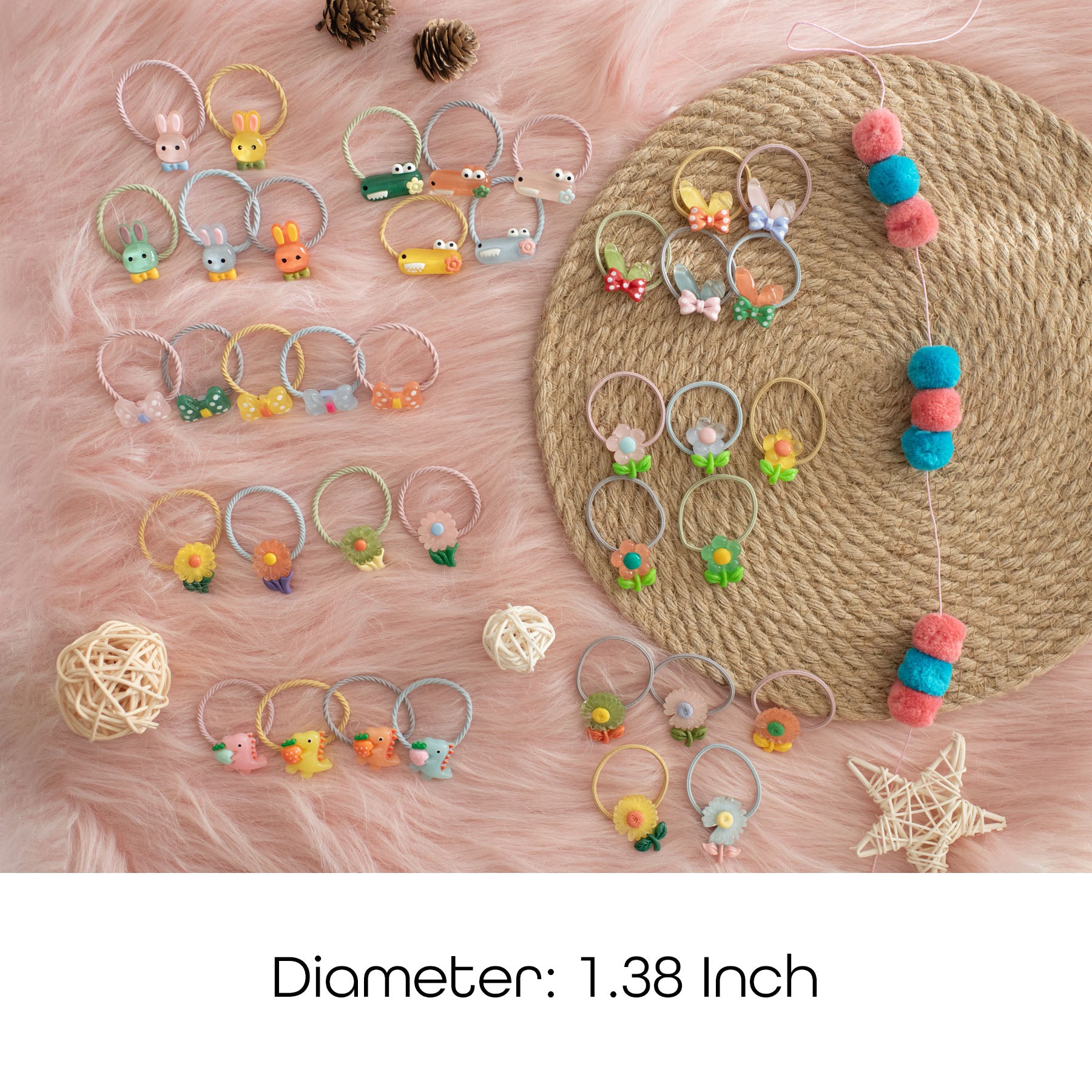 1-Inch Elastic Girls Assorted Resin Hair Ties - 48 Pack