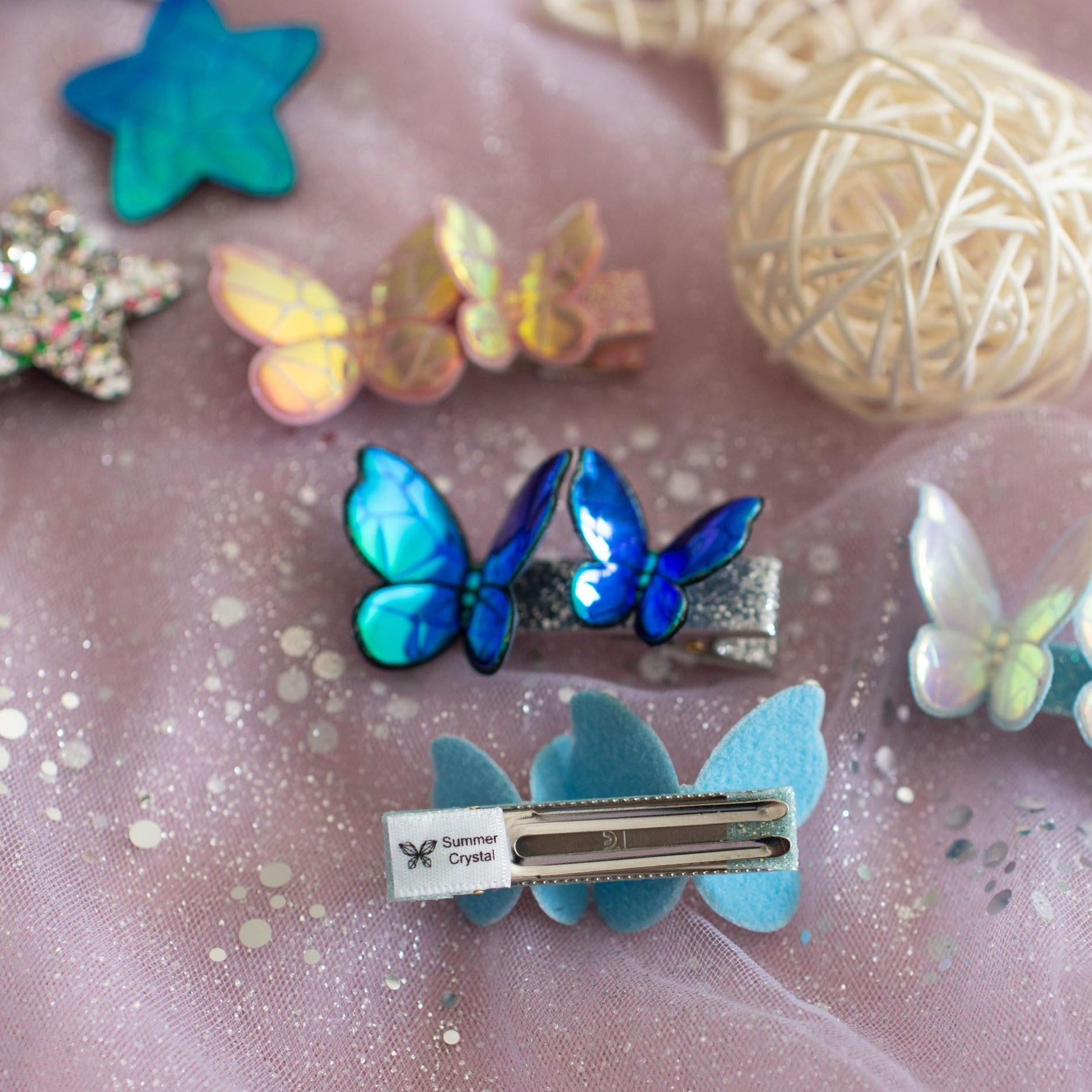 Summer Crystal - Laser Star & Butterfly Hair Clips – Mixed Colors - 8 Pack
