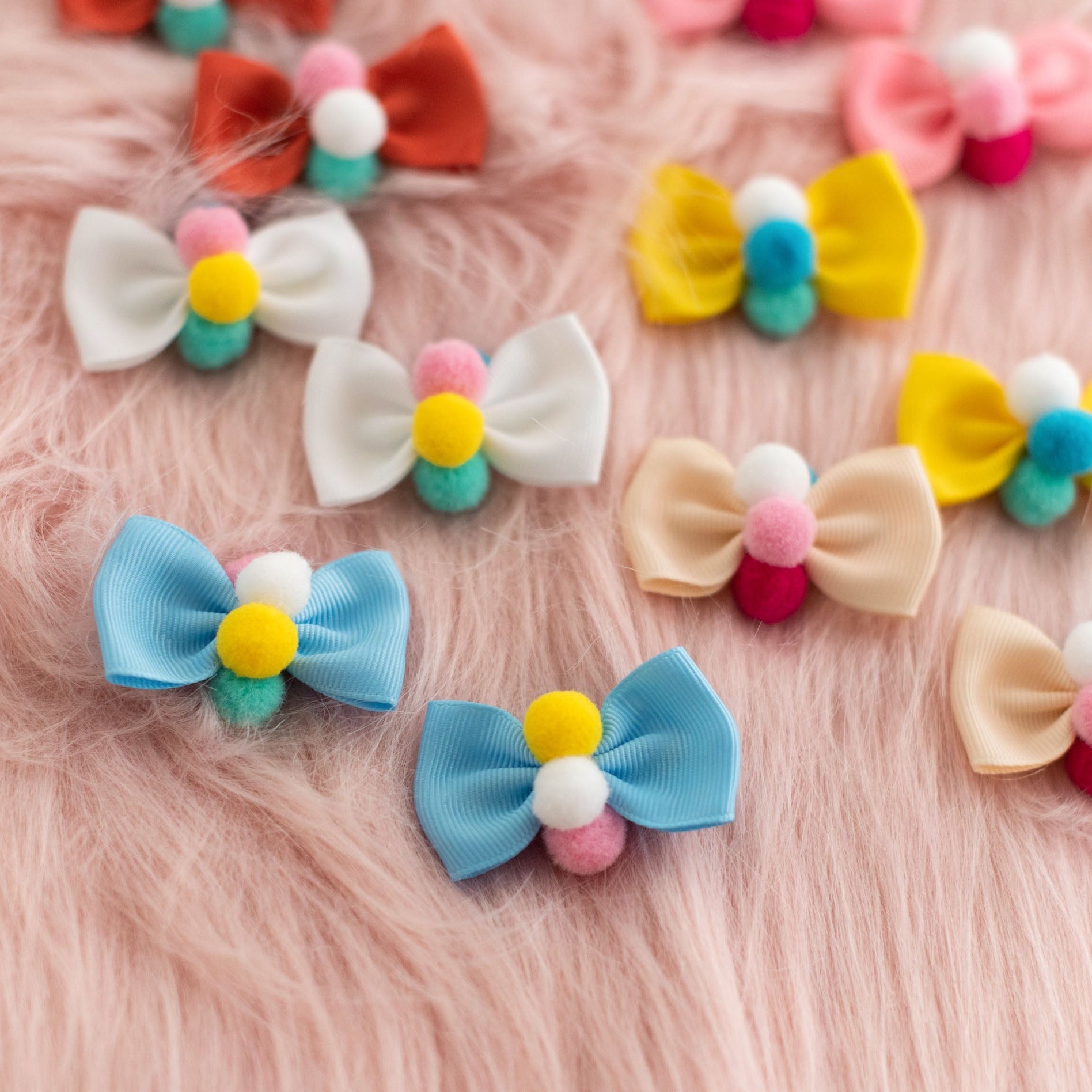 Pompoms Cotton Bow Hair Clips for Baby & Toddler Girls - 10 Pack
