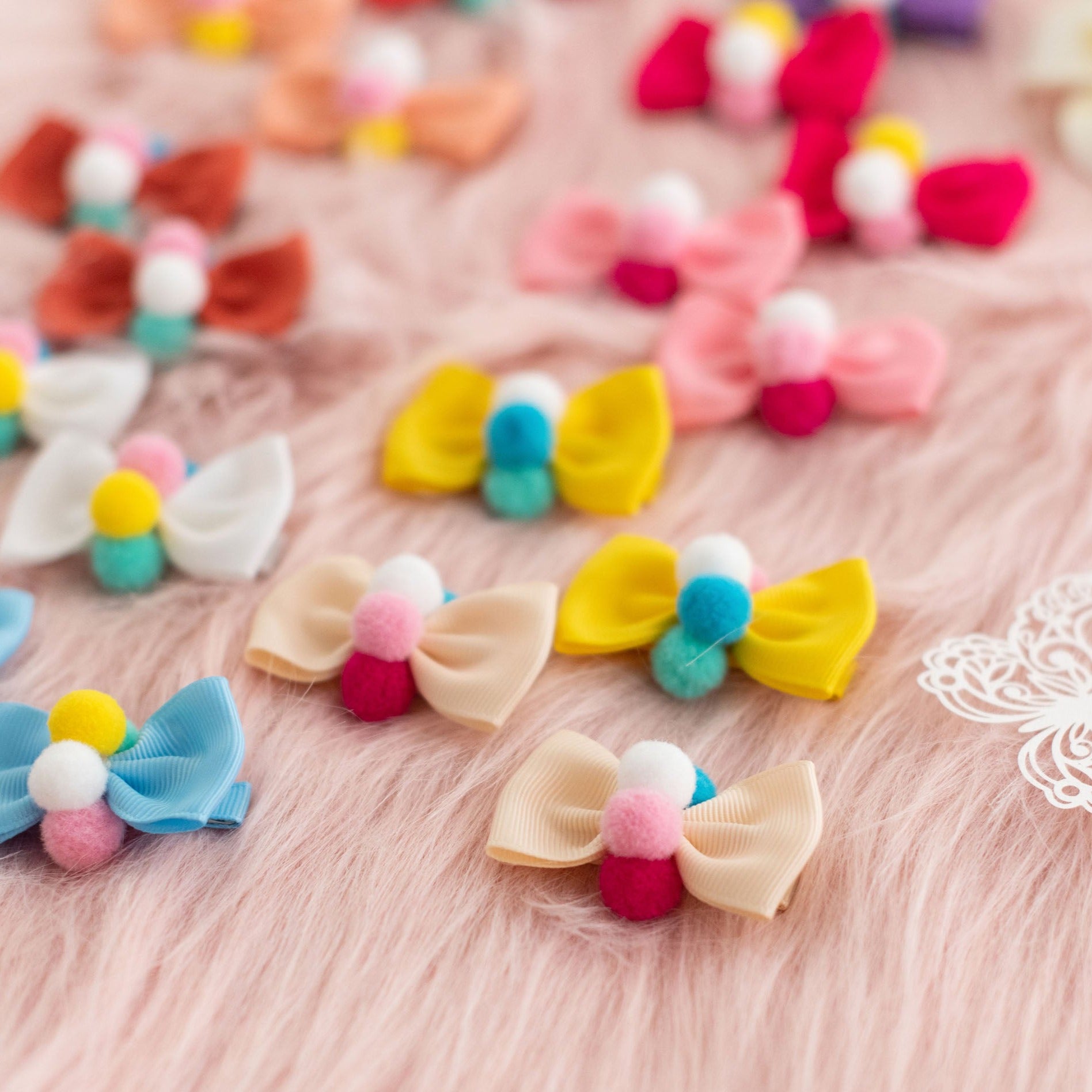 Pompoms Cotton Bow Hair Clips for Baby & Toddler Girls - 10 Pack