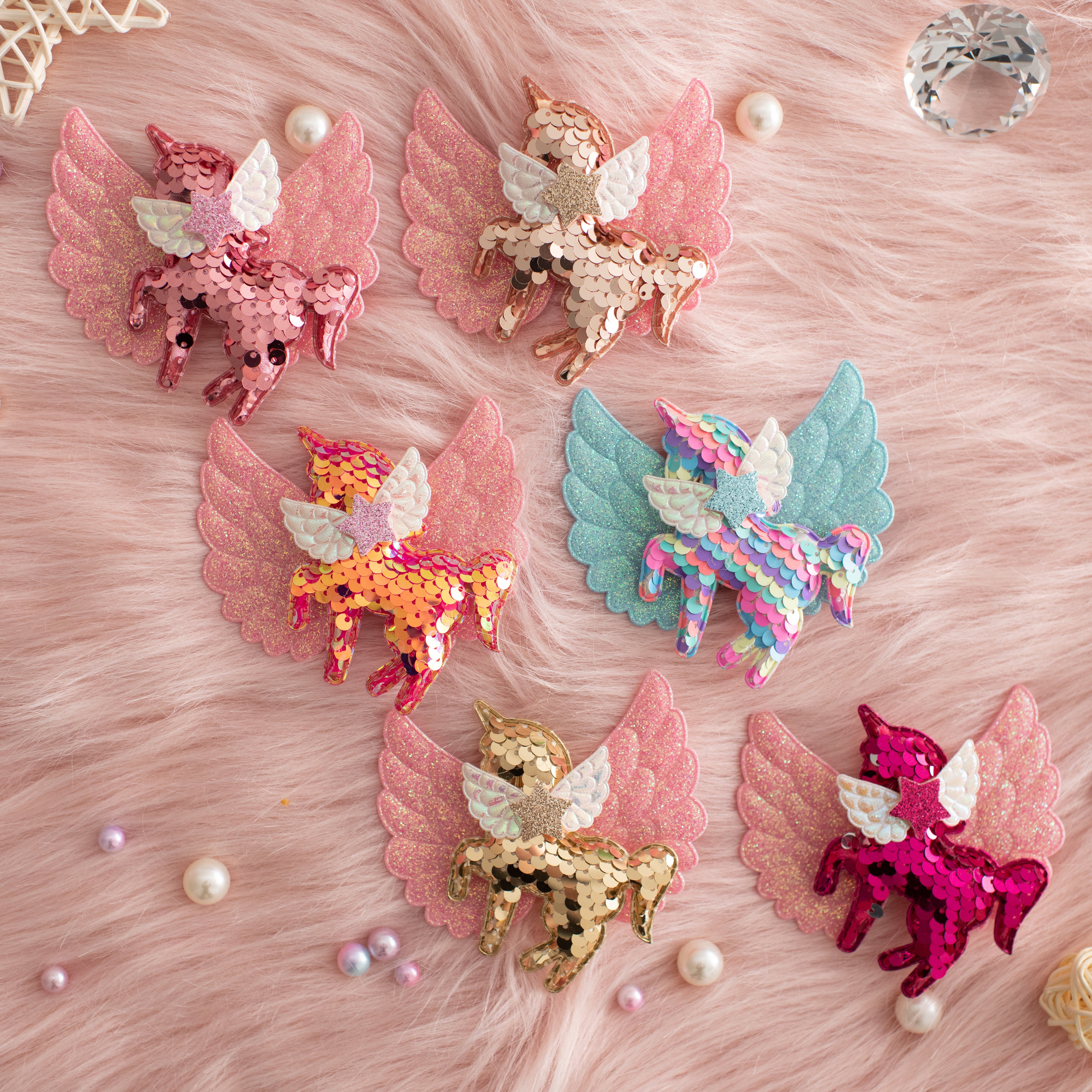 Summer Crystal - Big Winged Sequin Unicorn Hair Clip - 1 Pack