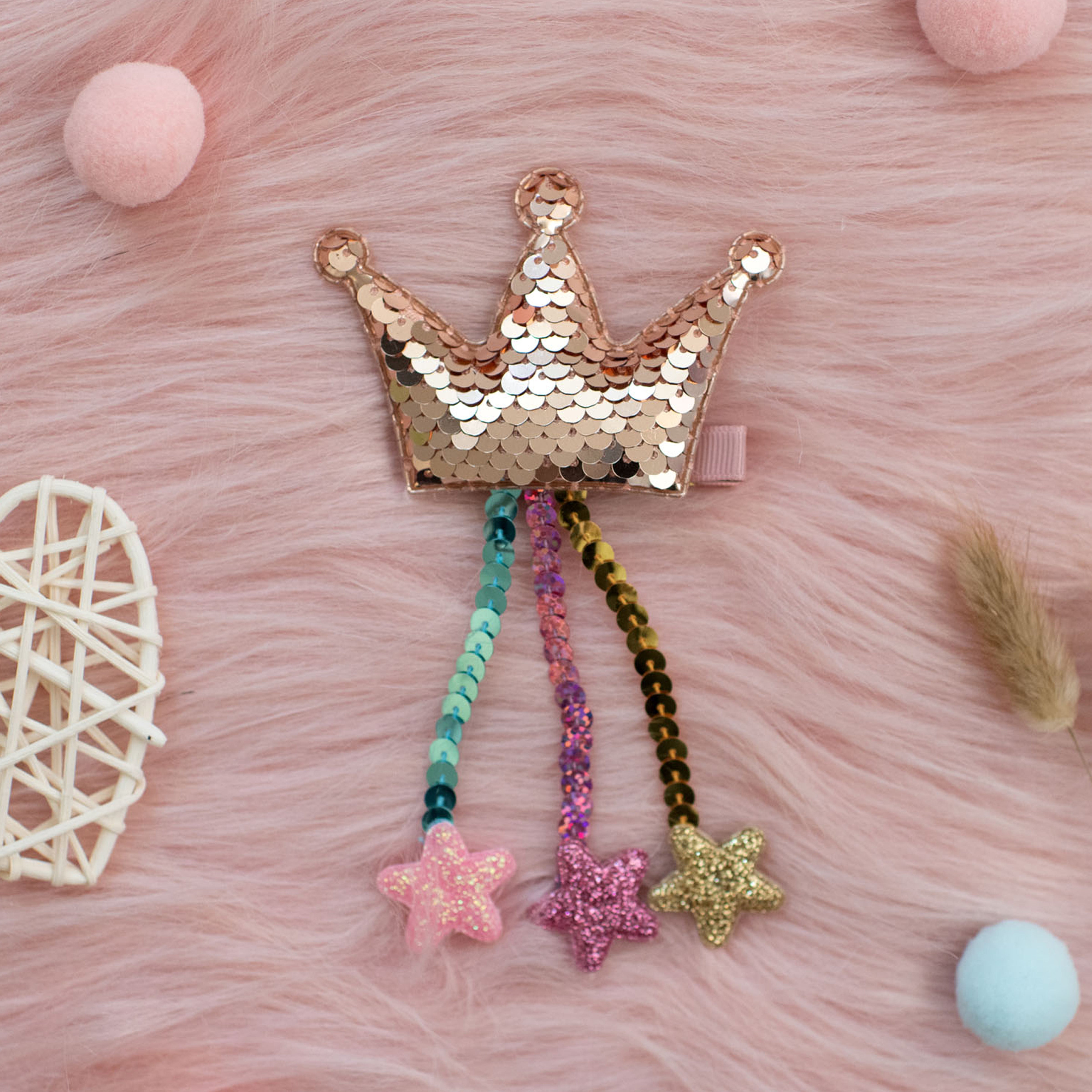 Summer Crystal - Sequin Crown Hair Clip with Tassel Stars - 1 Pack