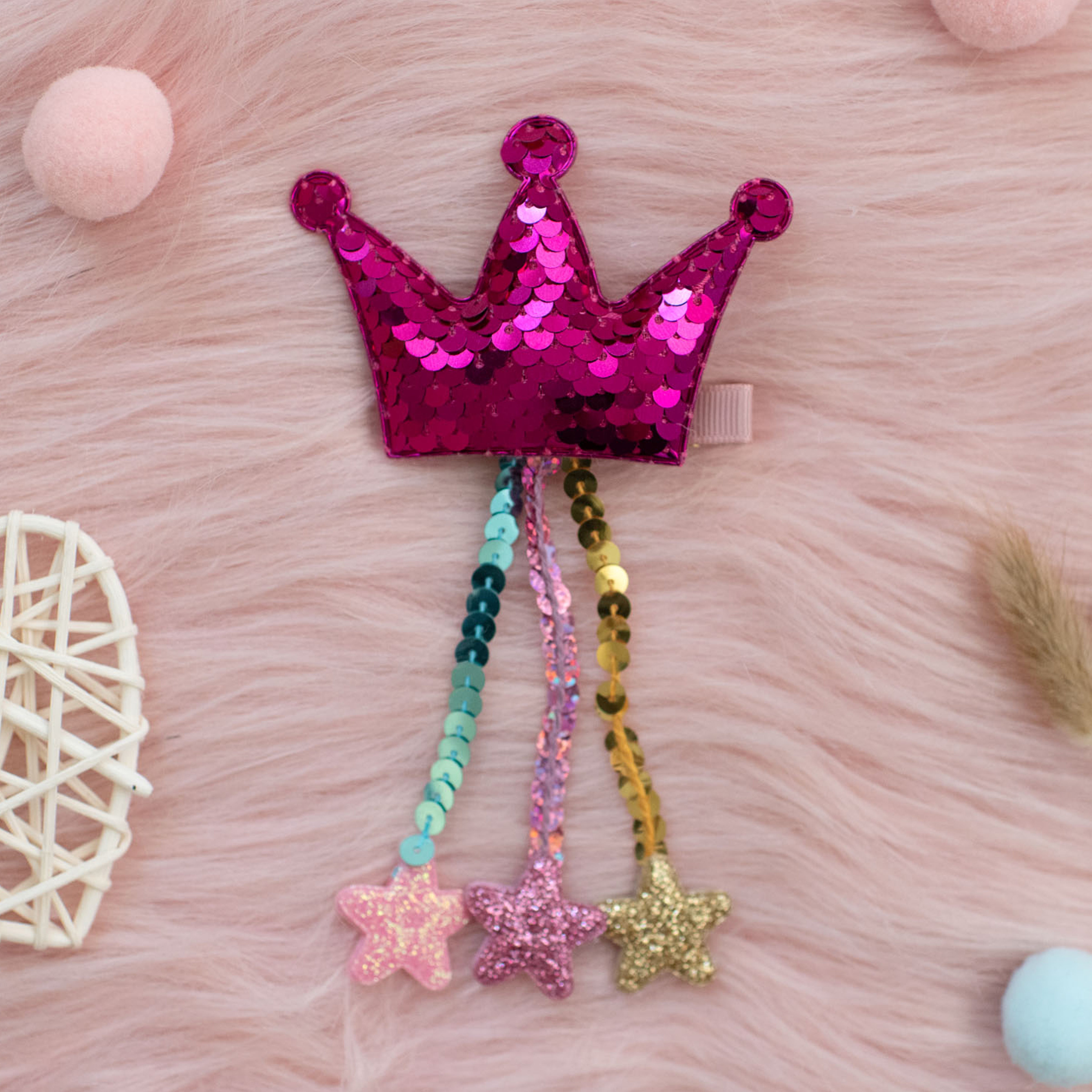 Summer Crystal - Sequin Crown Hair Clip with Tassel Stars - 1 Pack