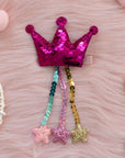 Summer Crystal - Sequin Crown Hair Clip with Tassel Stars - 1 Pack