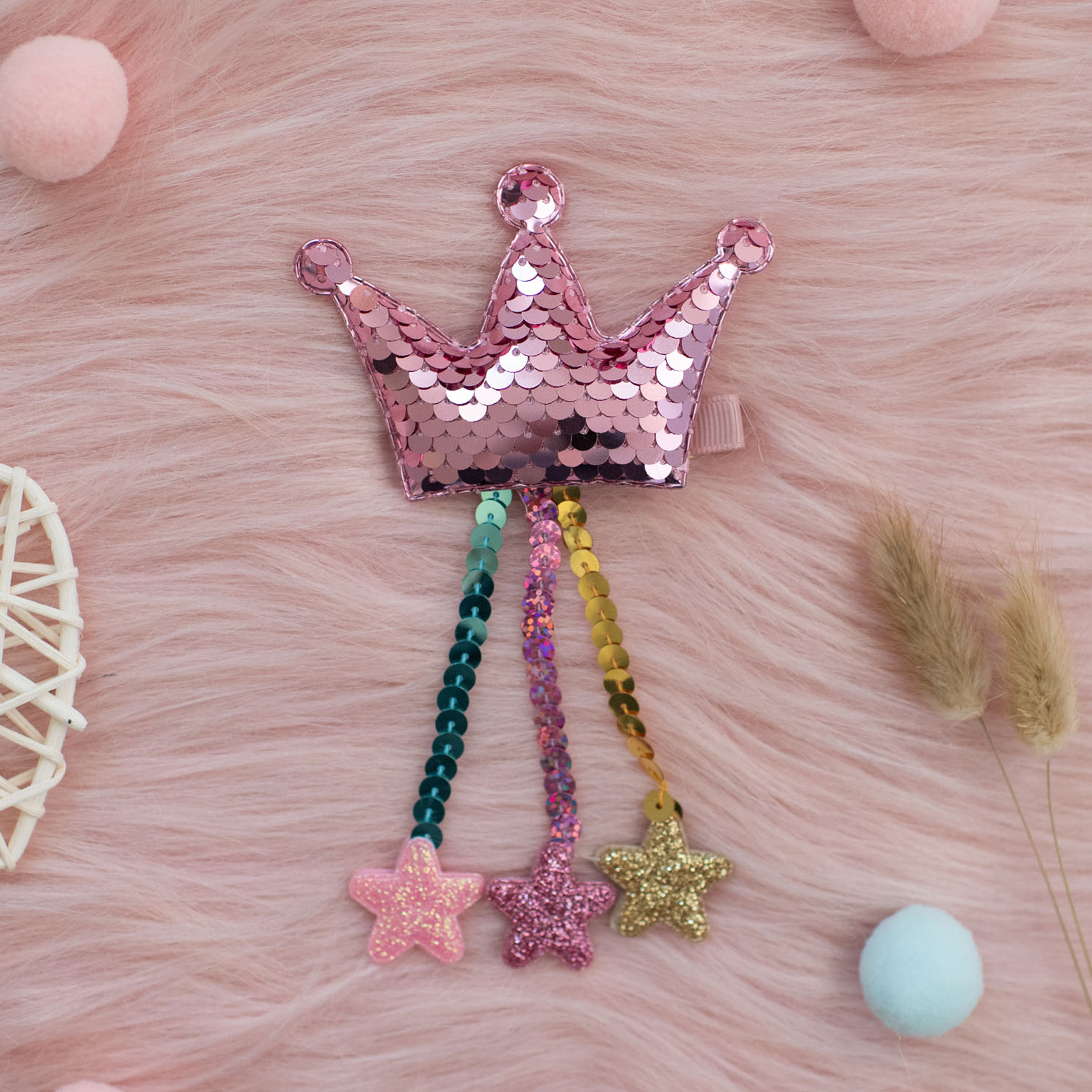 Summer Crystal - Sequin Crown Hair Clip with Tassel Stars - 1 Pack