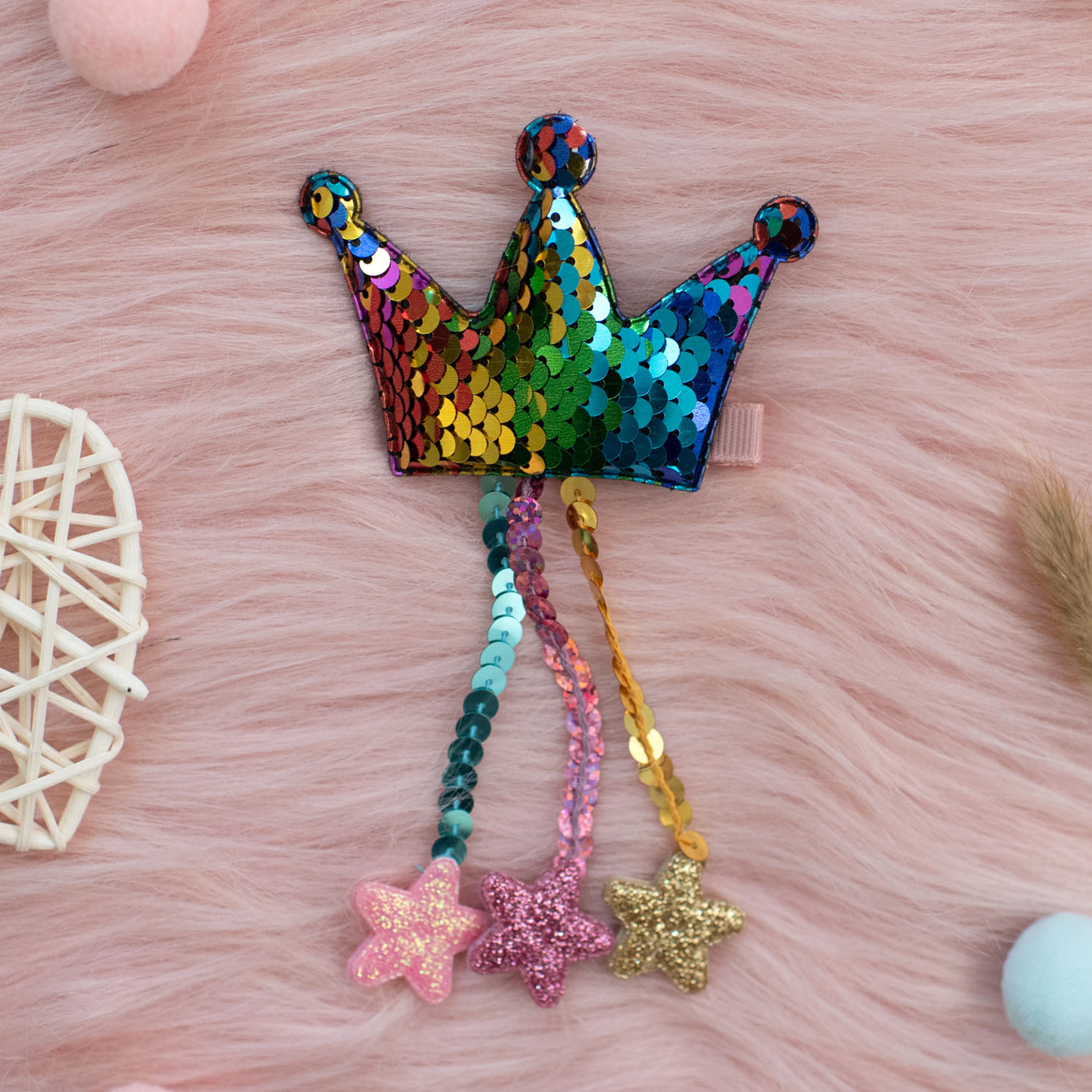Summer Crystal - Sequin Crown Hair Clip with Tassel Stars - 1 Pack