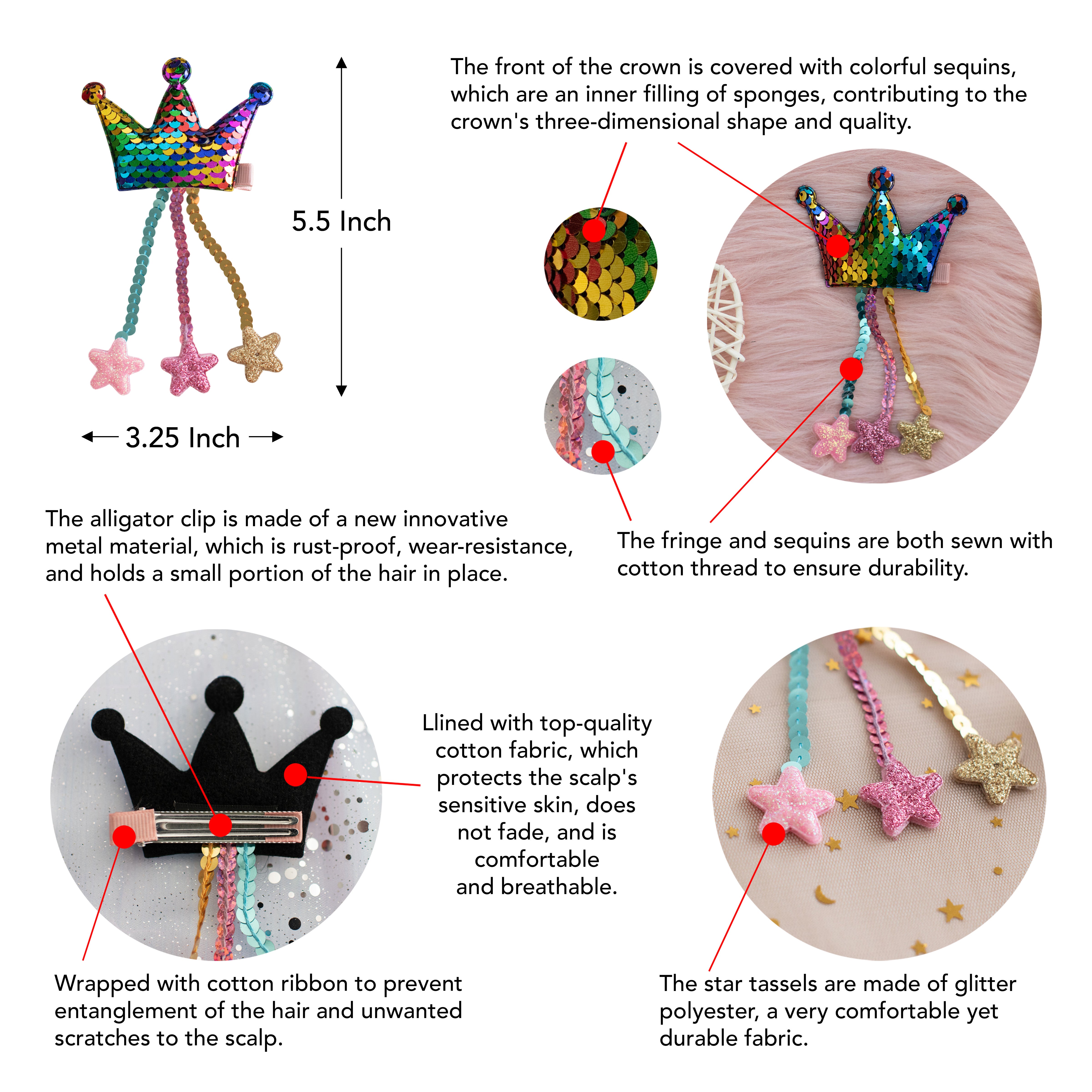 Summer Crystal - Sequin Crown Hair Clip with Tassel Stars - 1 Pack