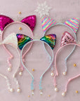 Summer Crystal Large Sequin Cat Ears Headband with Pearl Earring Pendants