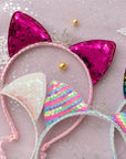 Summer Crystal Large Sequin Cat Ears Headband with Pearl Earring Pendants