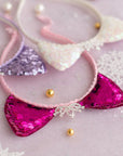 Summer Crystal Large Sequin Cat Ears Headband with Pearl Earring Pendants