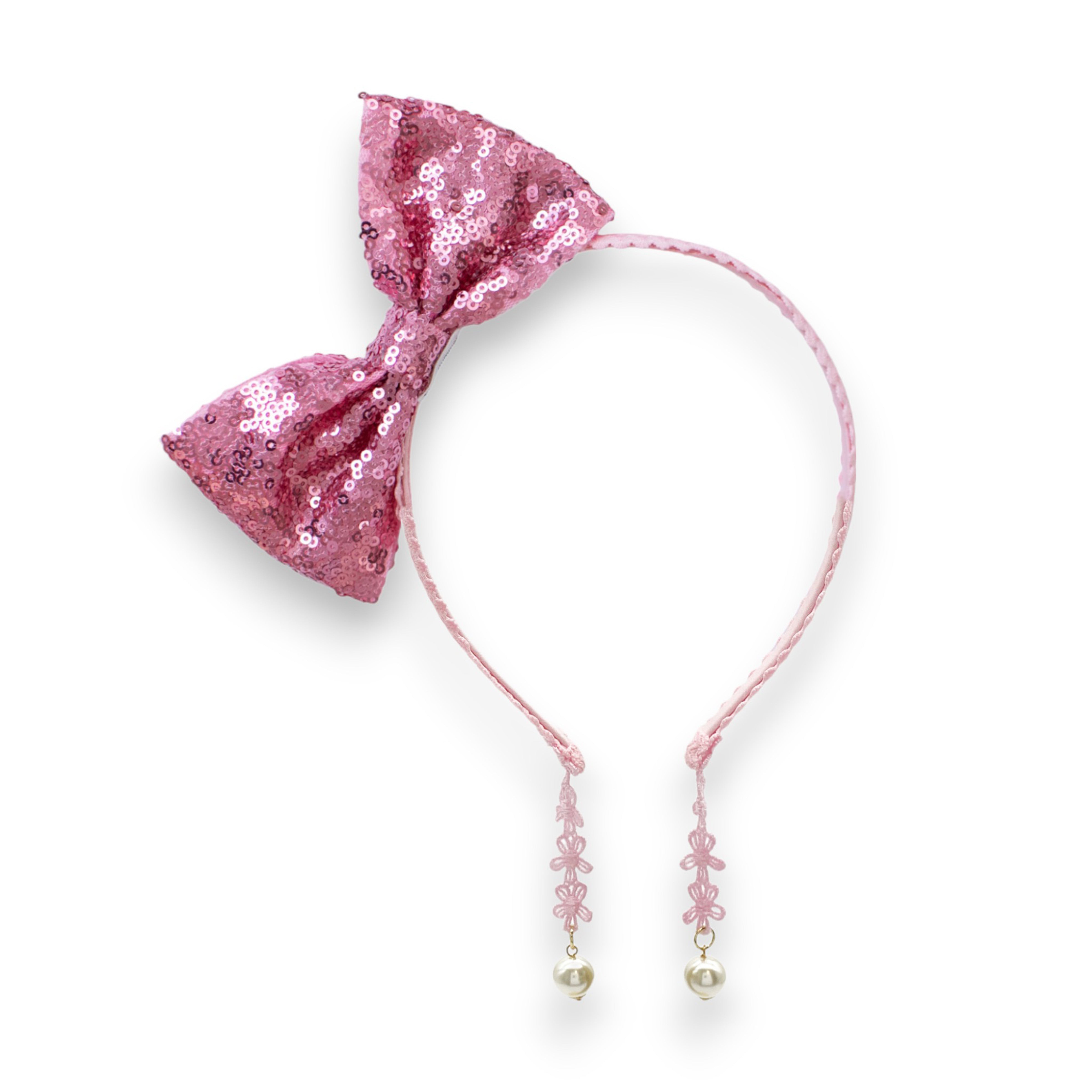 Summer Crystal - Sequin Bow Headband with Pearl Earring Pendants - 1 Pack