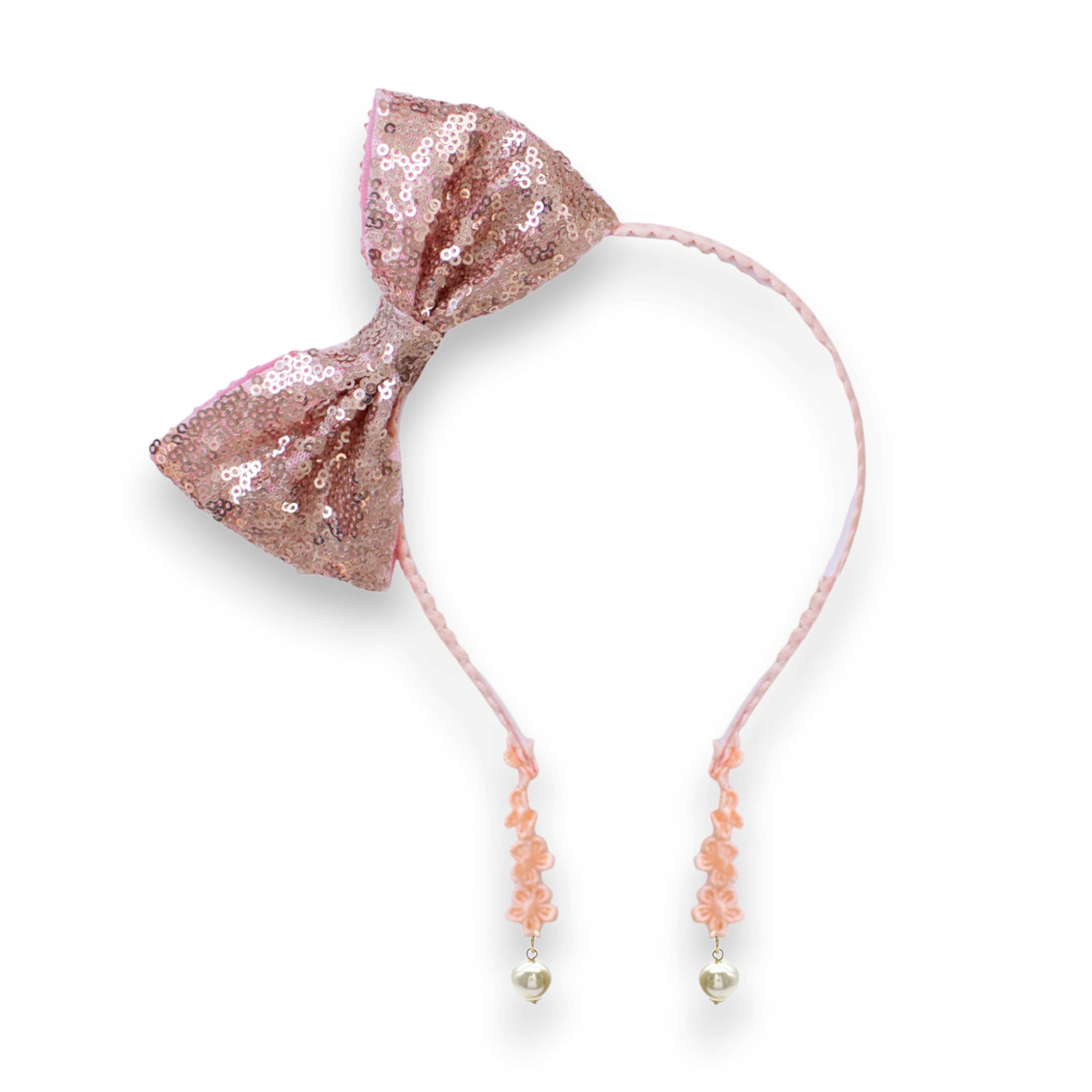 Summer Crystal - Sequin Bow Headband with Pearl Earring Pendants - 1 Pack