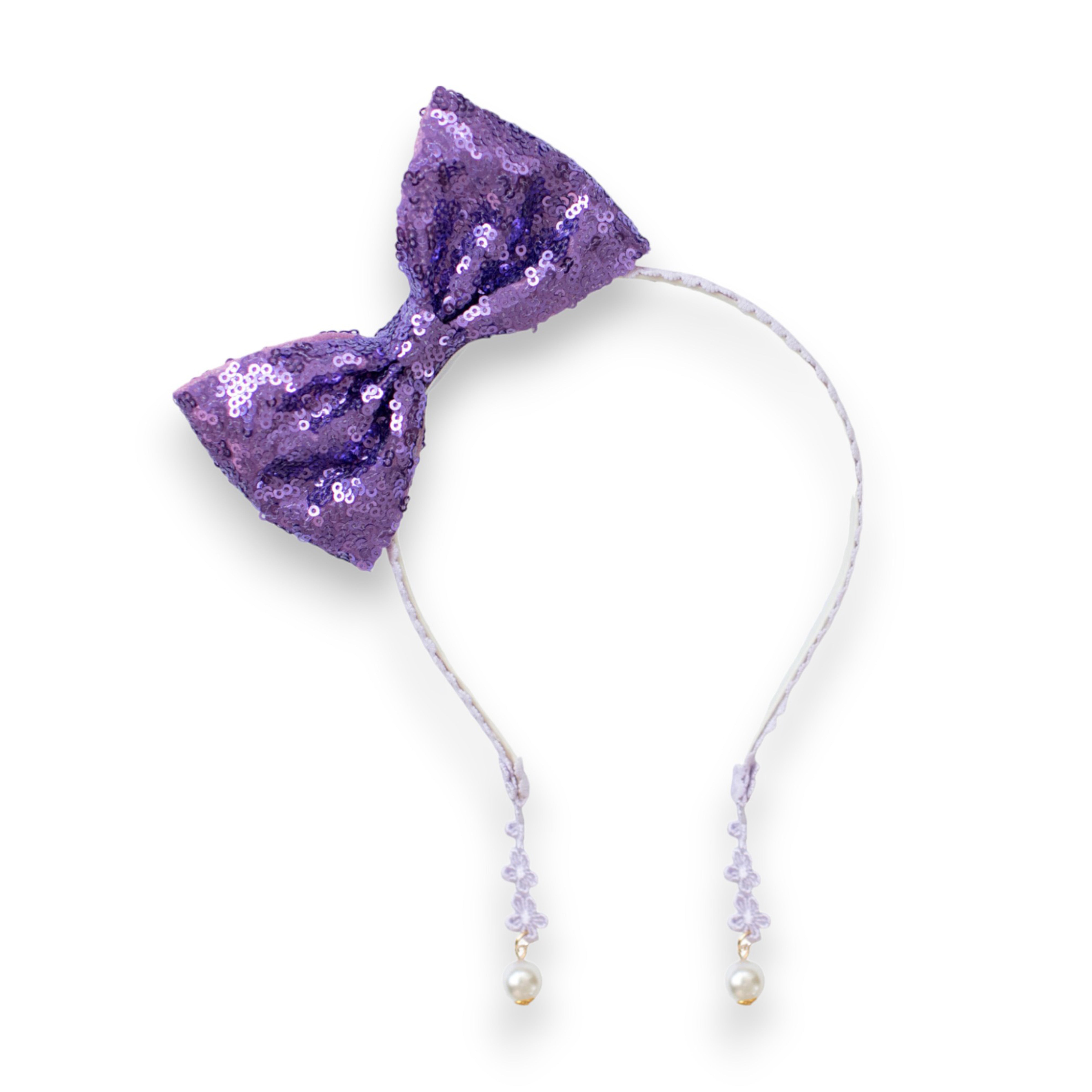 Summer Crystal - Sequin Bow Headband with Pearl Earring Pendants - 1 Pack