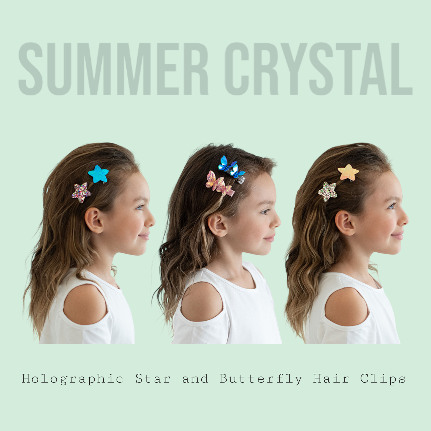 Summer Crystal - Laser Star & Butterfly Hair Clips – Mixed Colors - 8 Pack