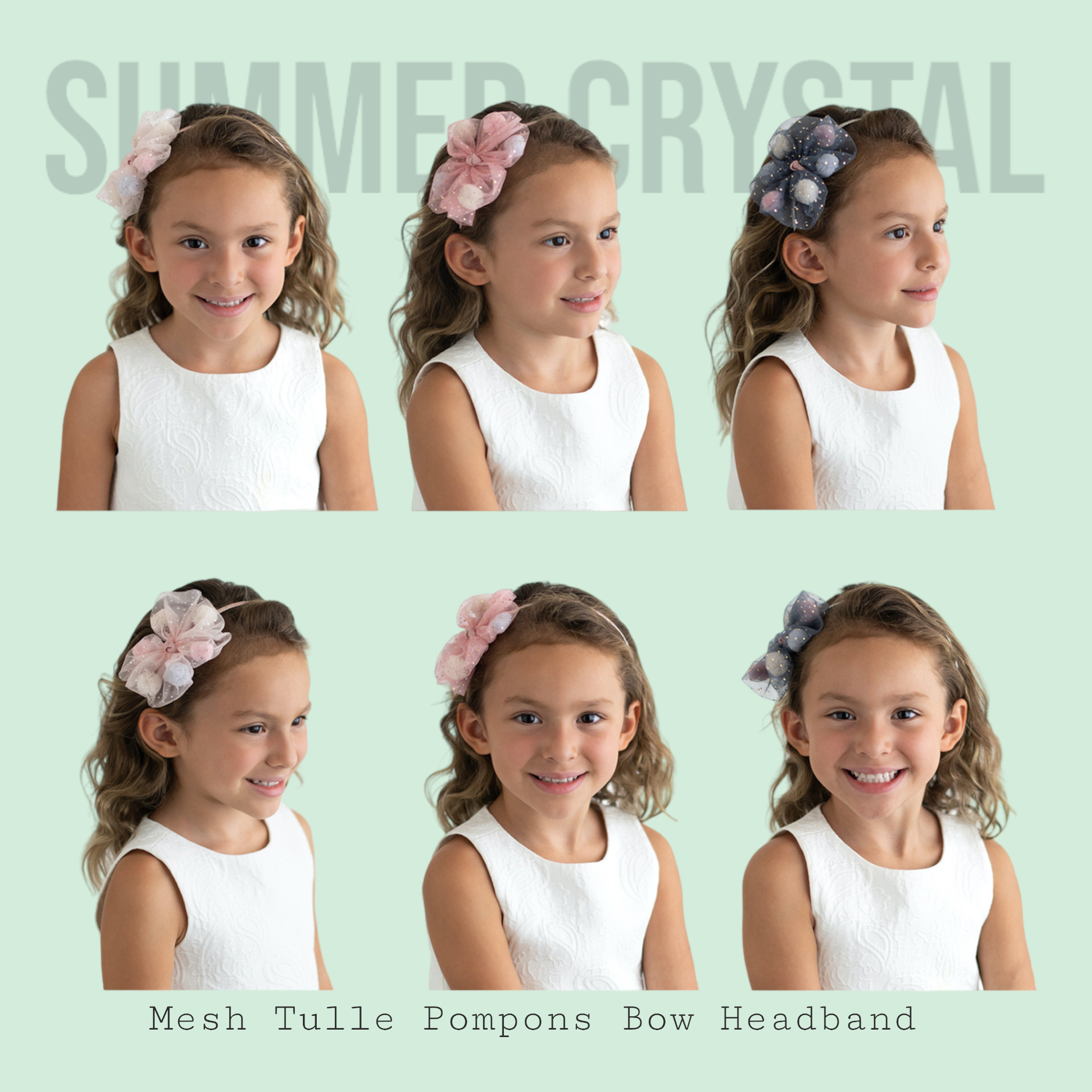 Summer Crystal - Tulle Bow Headband with Pompons - 1 Pack