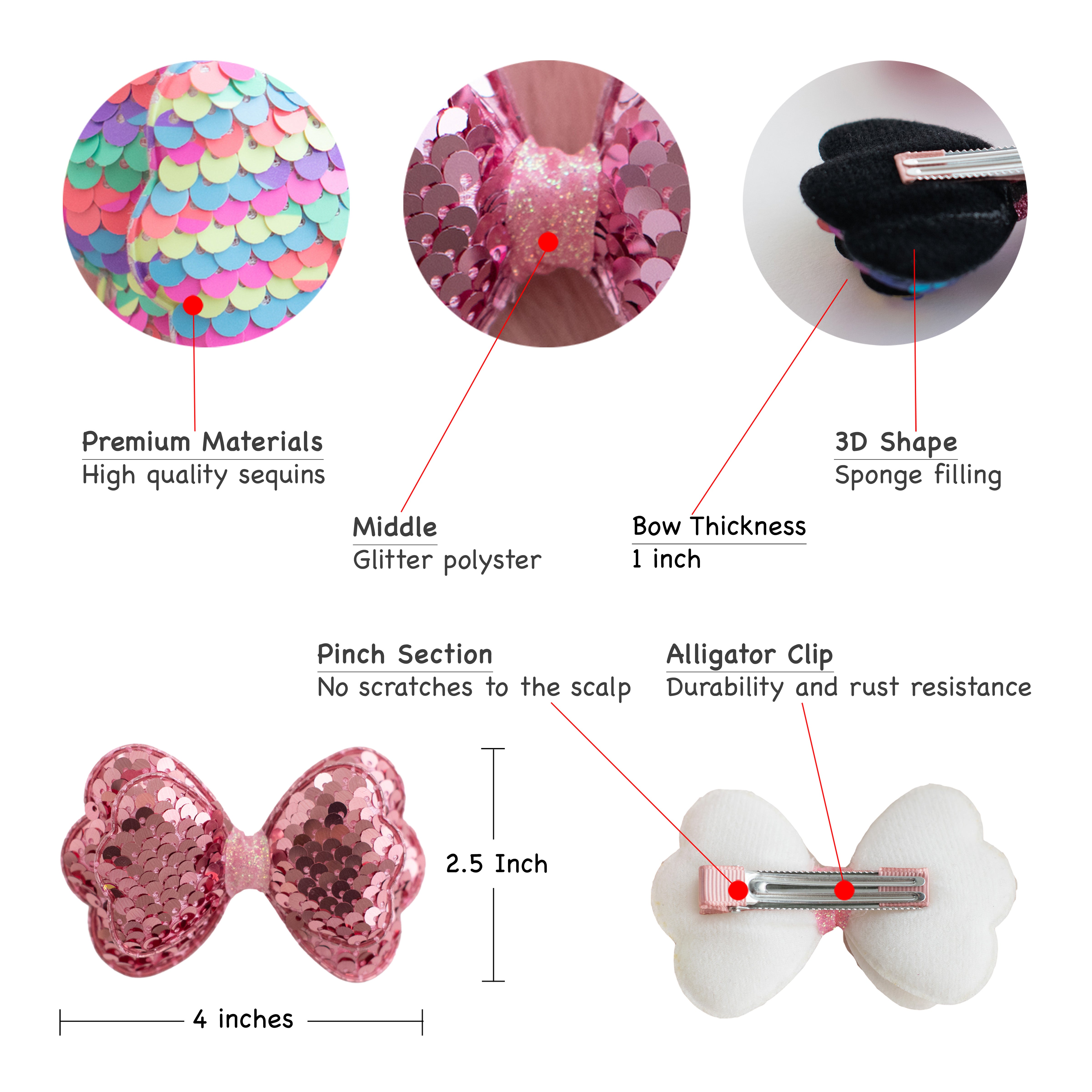 Summer Crystal - Sequin Glitter Stuffed Bow Hair Clip - 1 Pack