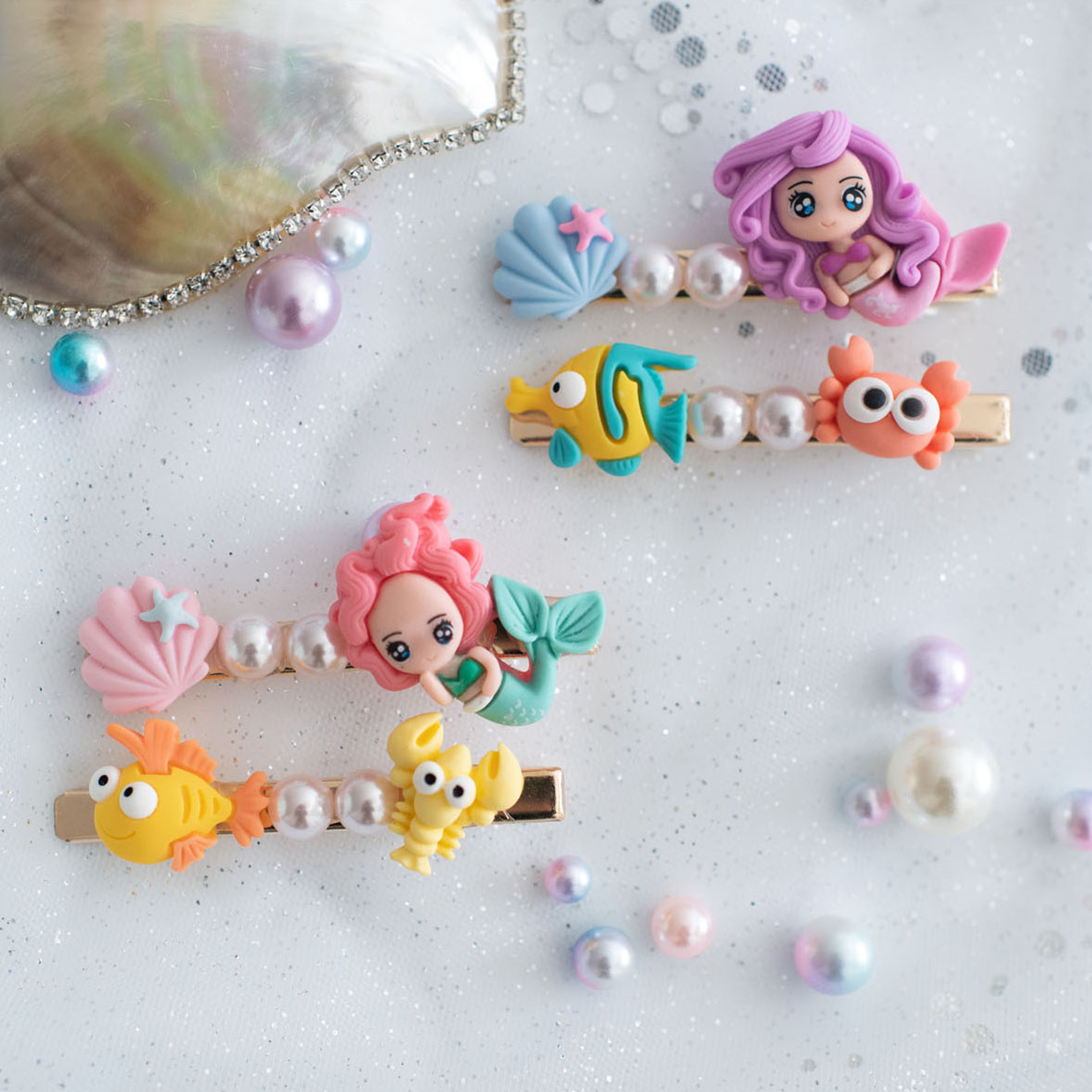 Summer Crystal - Pearls Mermaid Sea Life Hair Clips - 4 Pack