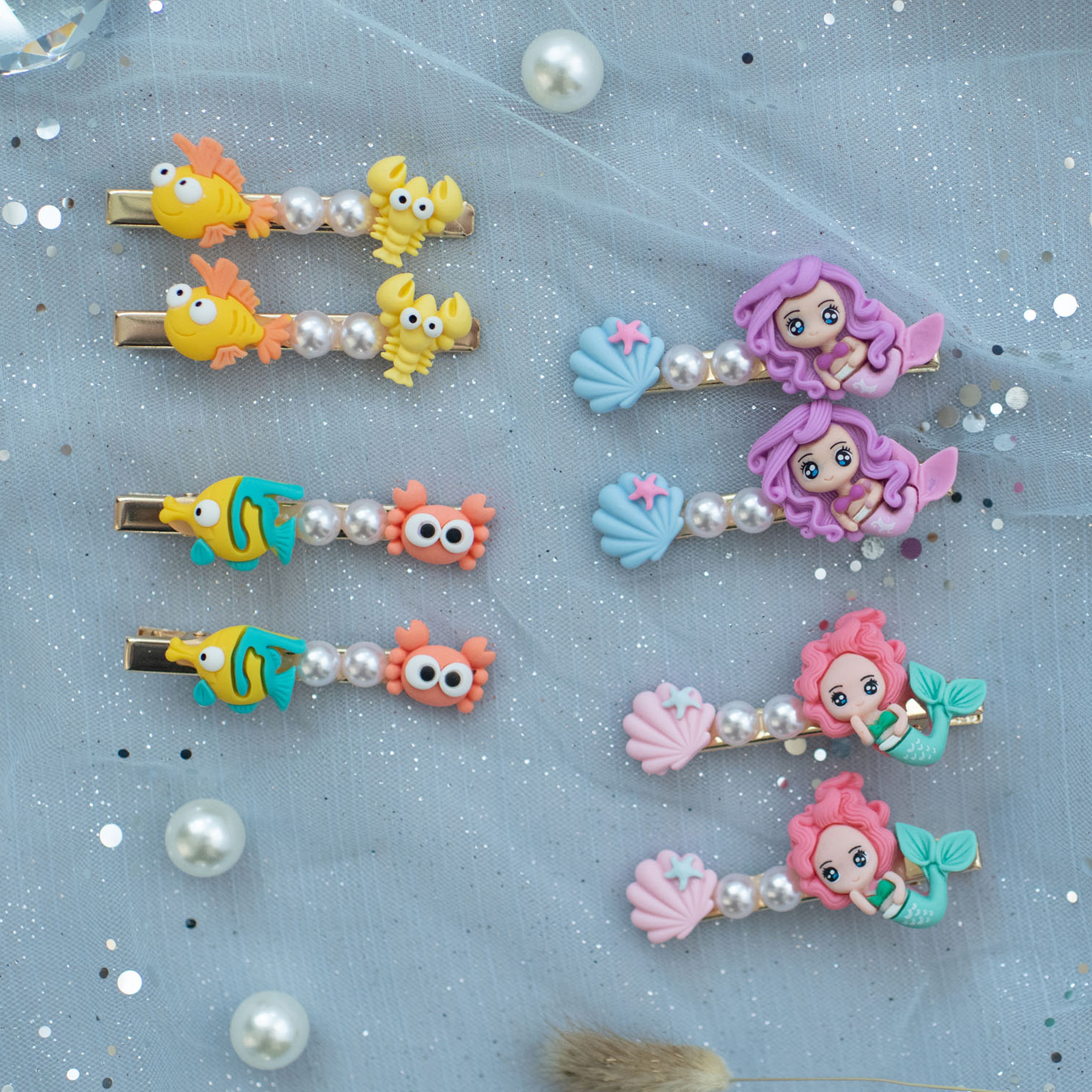 Summer Crystal - Pearls Mermaid Sea Life Hair Clips - 4 Pack
