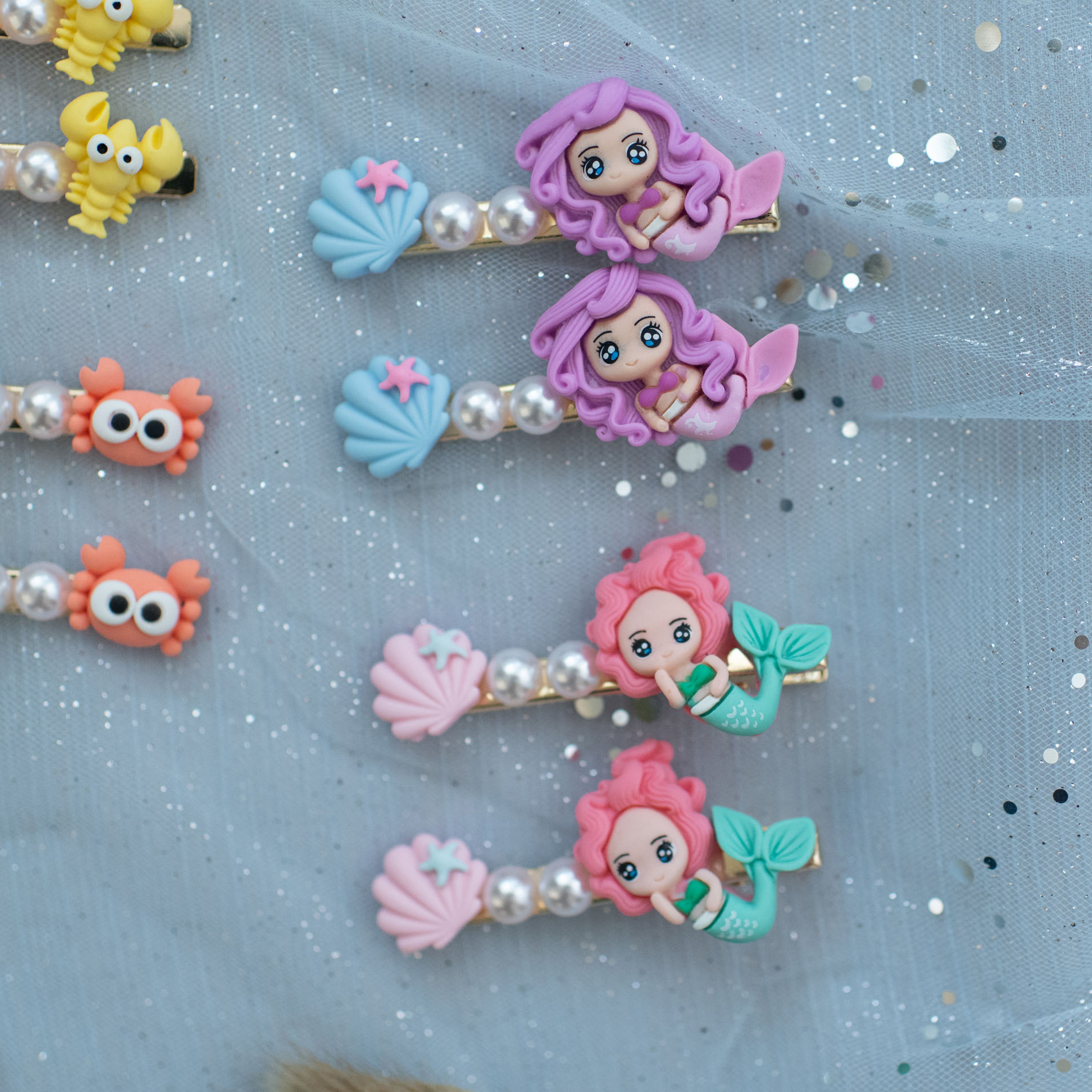 Summer Crystal - Pearls Mermaid Sea Life Hair Clips - 4 Pack