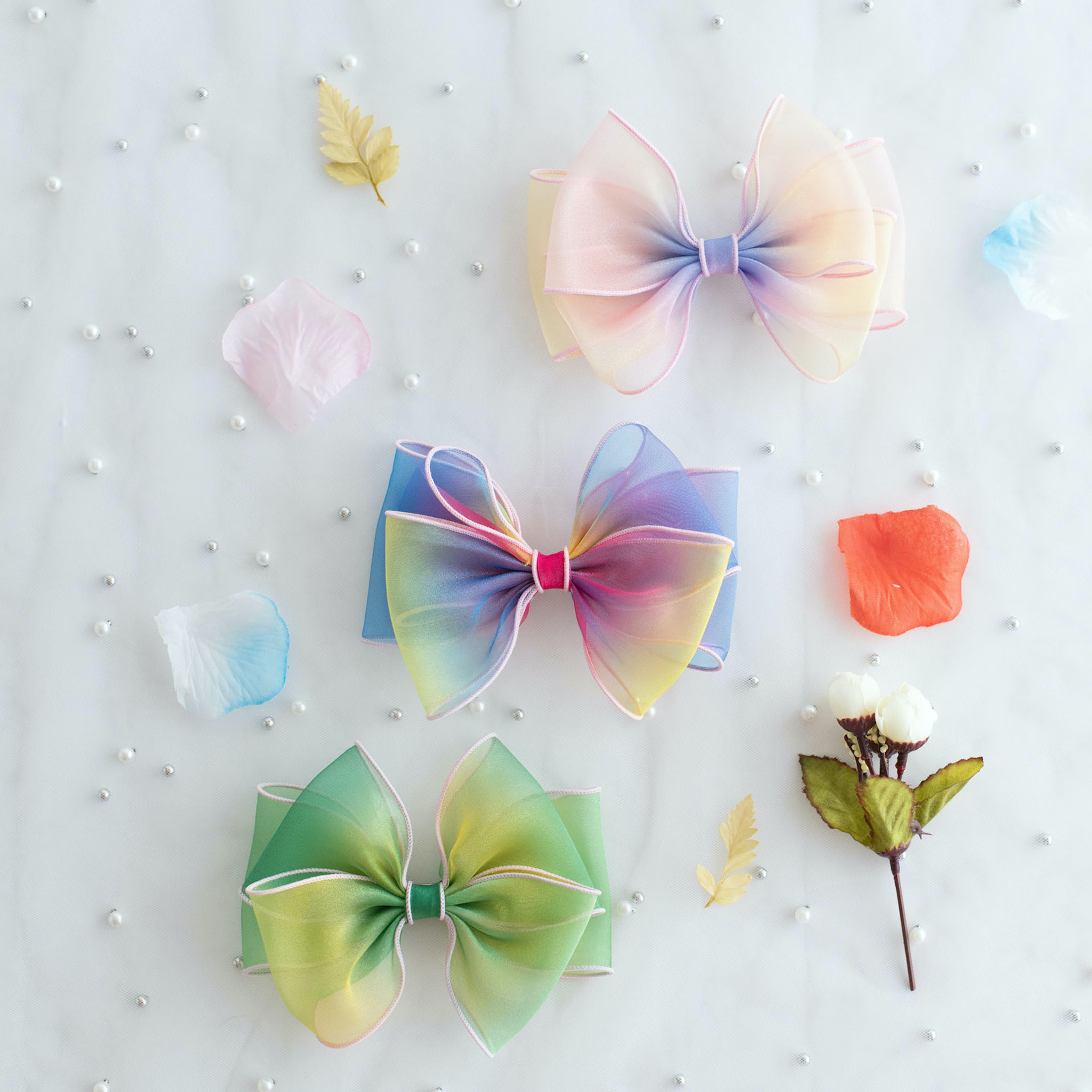 Summer Crystal - Organza Bow Hair Hair Clip with Long Flowing Ribbons - 1 Pack