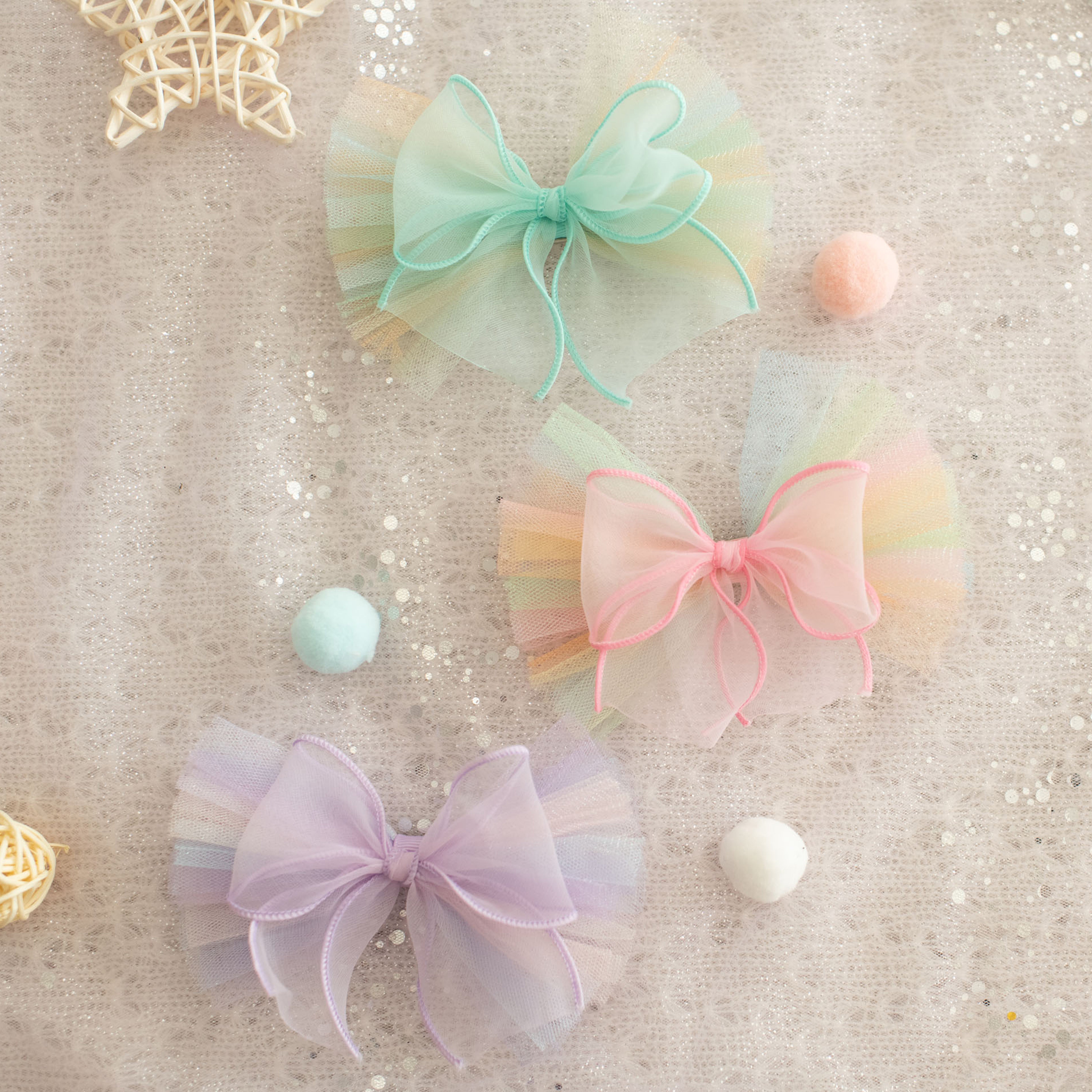 Summer Crystal - Organza Tulle Bow Hair Clip - 1 Pack