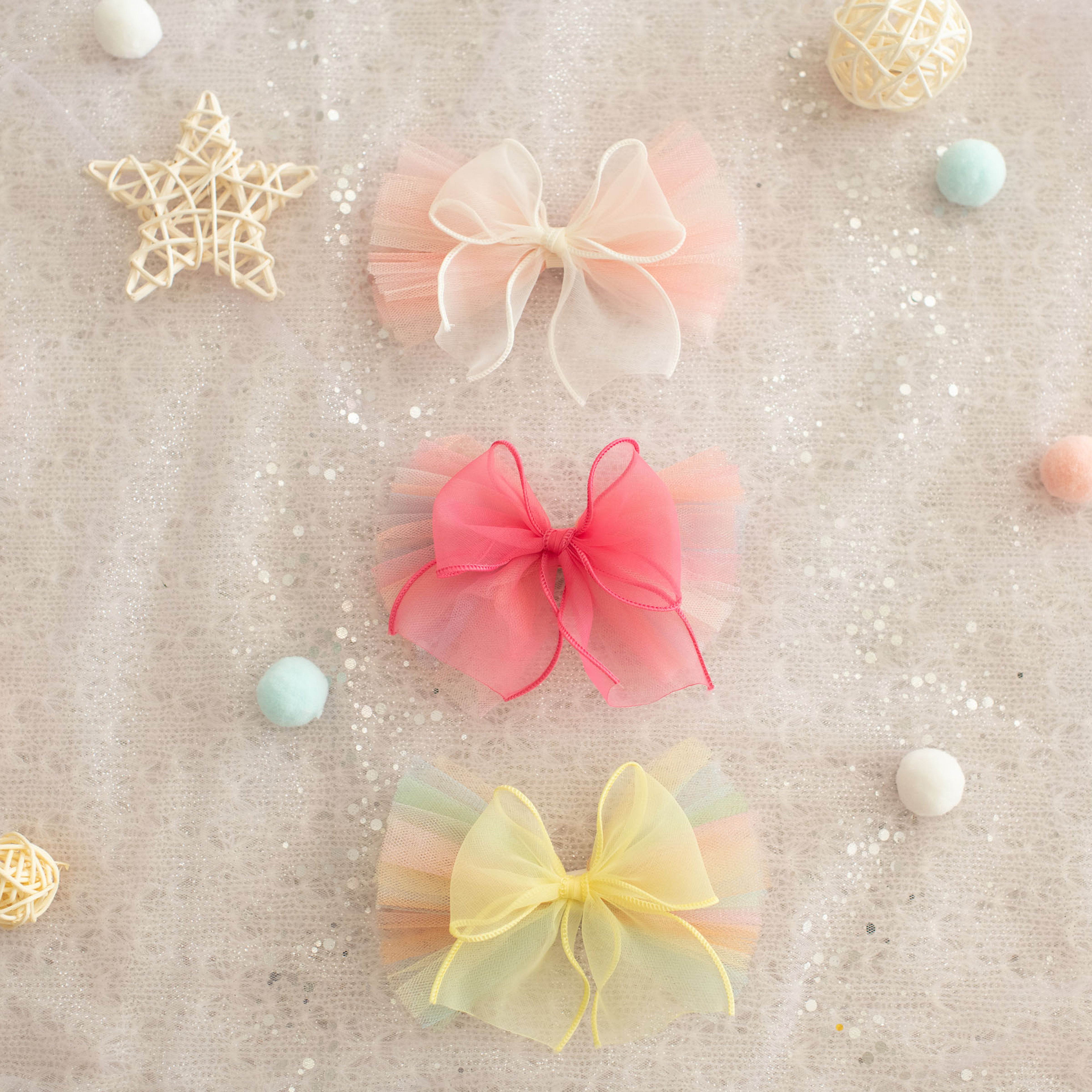 Summer Crystal - Organza Tulle Bow Hair Clip - 1 Pack