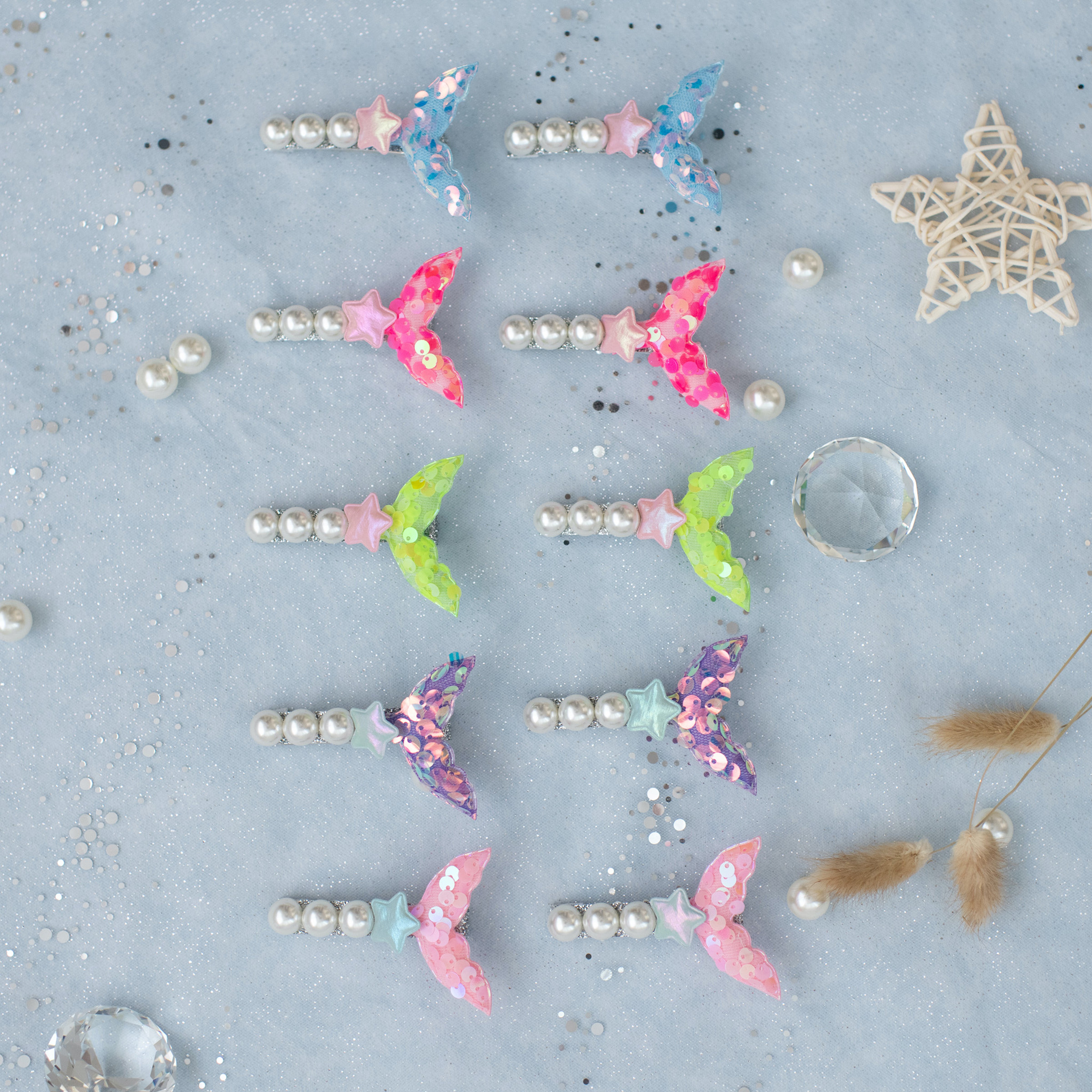 Summer Crystal - Pearls And Sequin Mermaid Tail Hair Clips - 2 Pack
