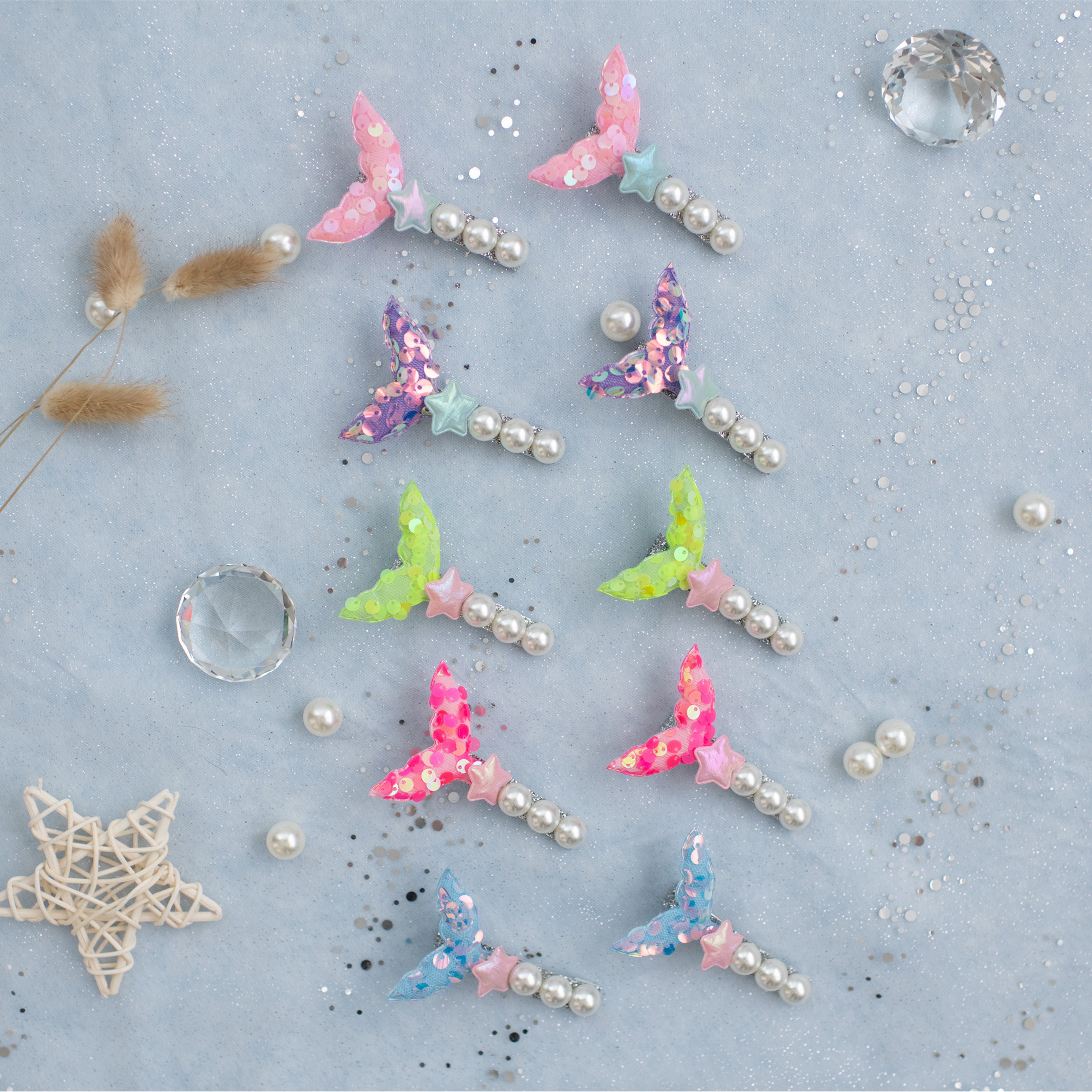 Summer Crystal - Pearls And Sequin Mermaid Tail Hair Clips - 2 Pack