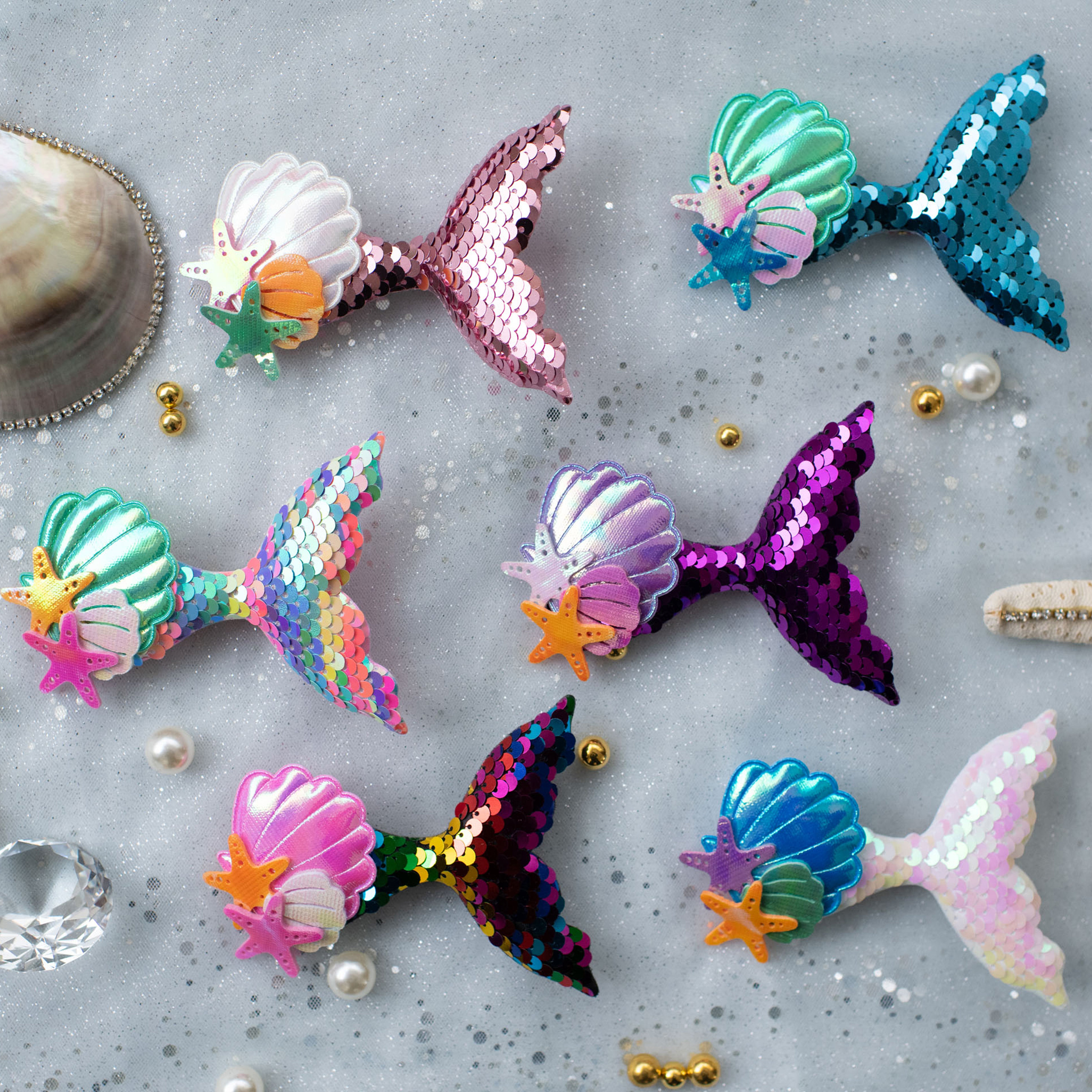 Summer Crystal - Sequin Mermaid Tail with Starry Shell Hair Clip - 1 Pack