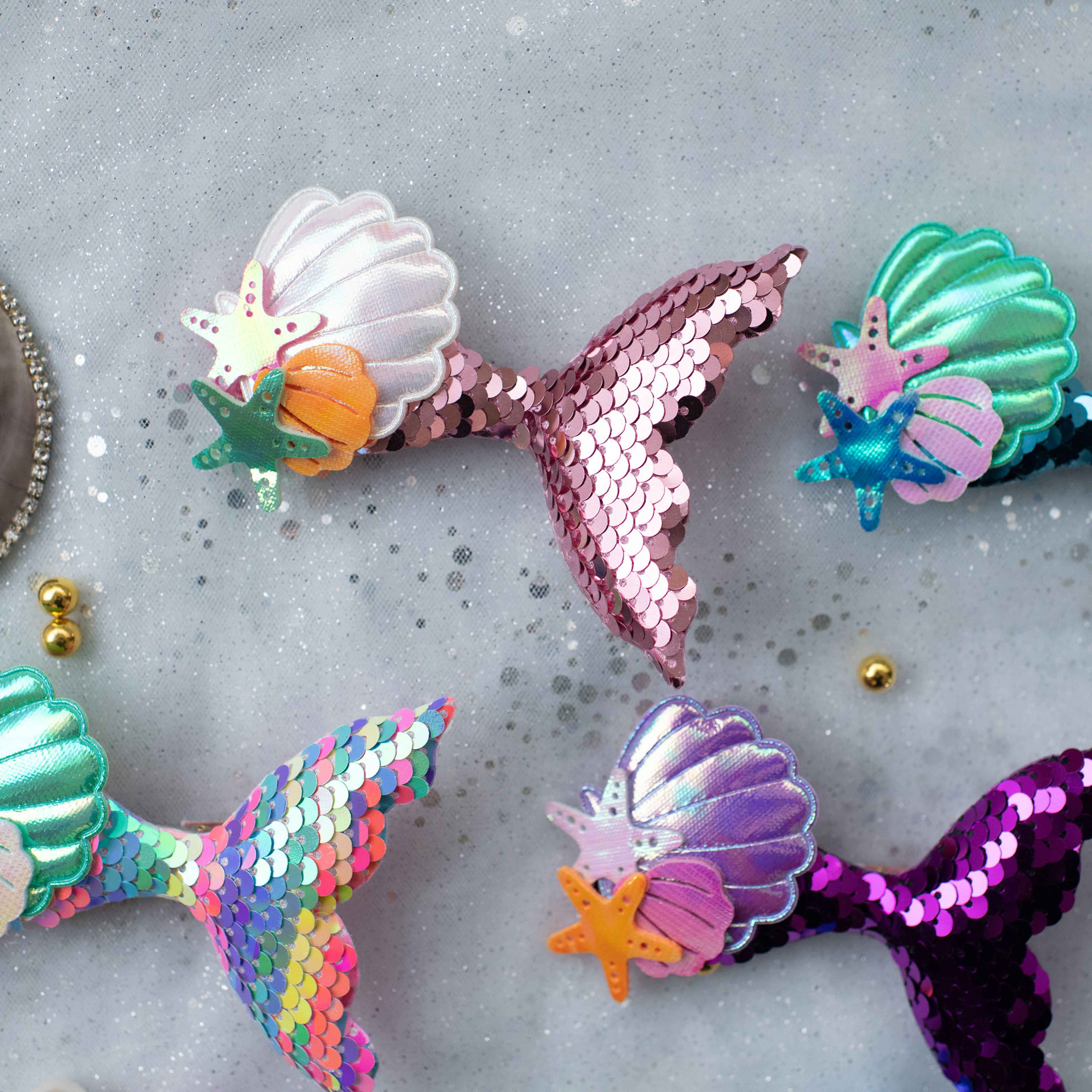 Summer Crystal - Sequin Mermaid Tail with Starry Shell Hair Clip - 1 Pack