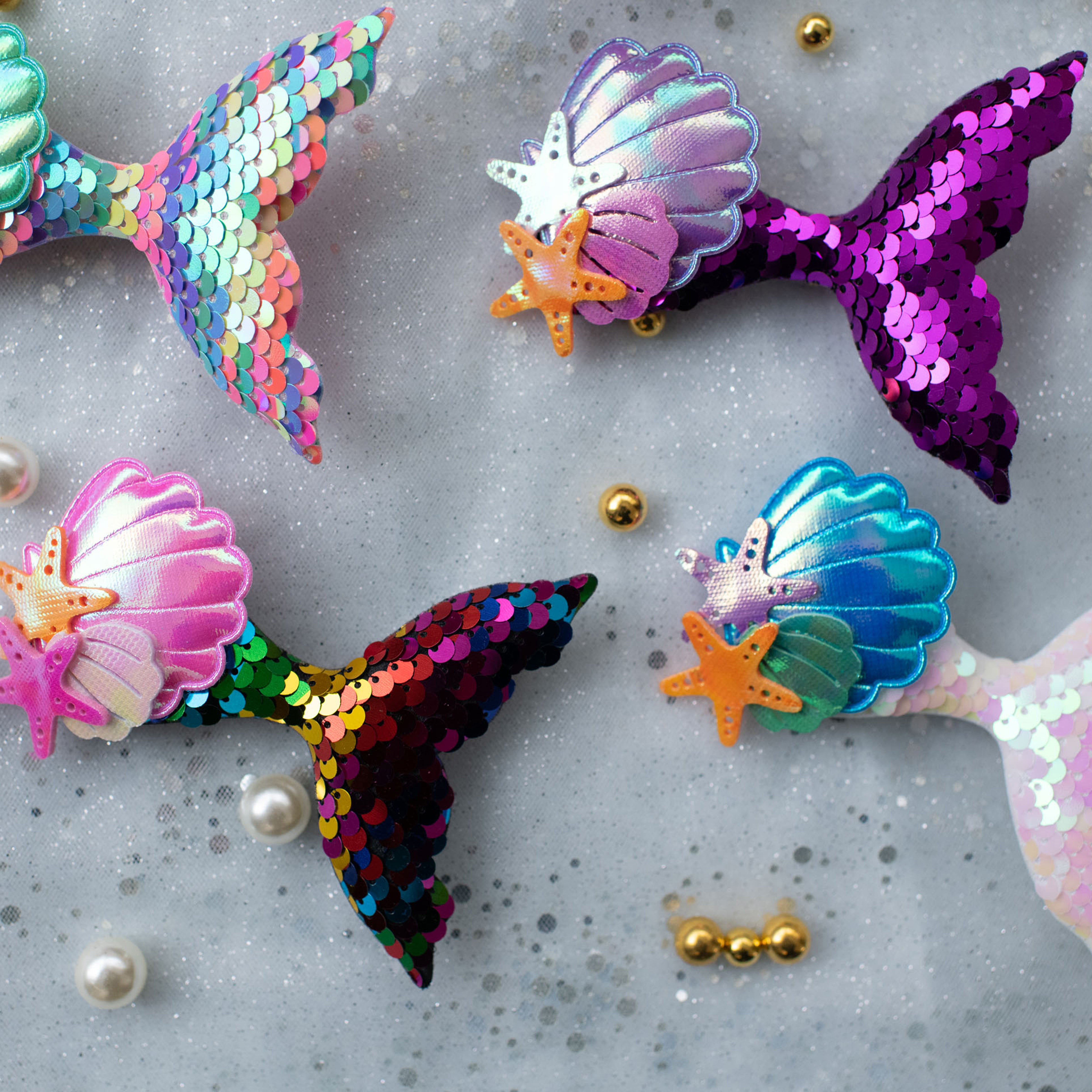 Summer Crystal - Sequin Mermaid Tail with Starry Shell Hair Clip - 1 Pack