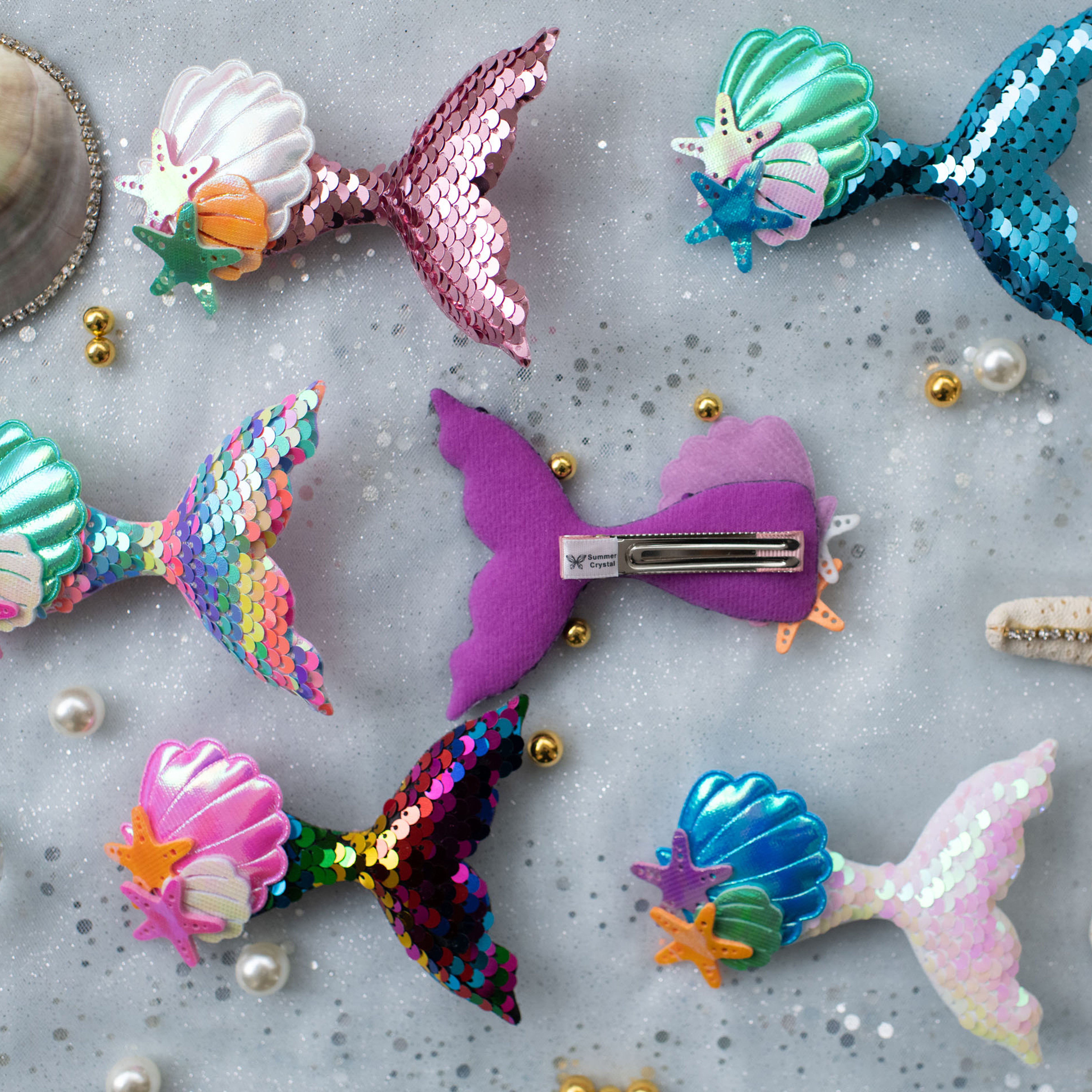 Summer Crystal - Sequin Mermaid Tail with Starry Shell Hair Clip - 1 Pack