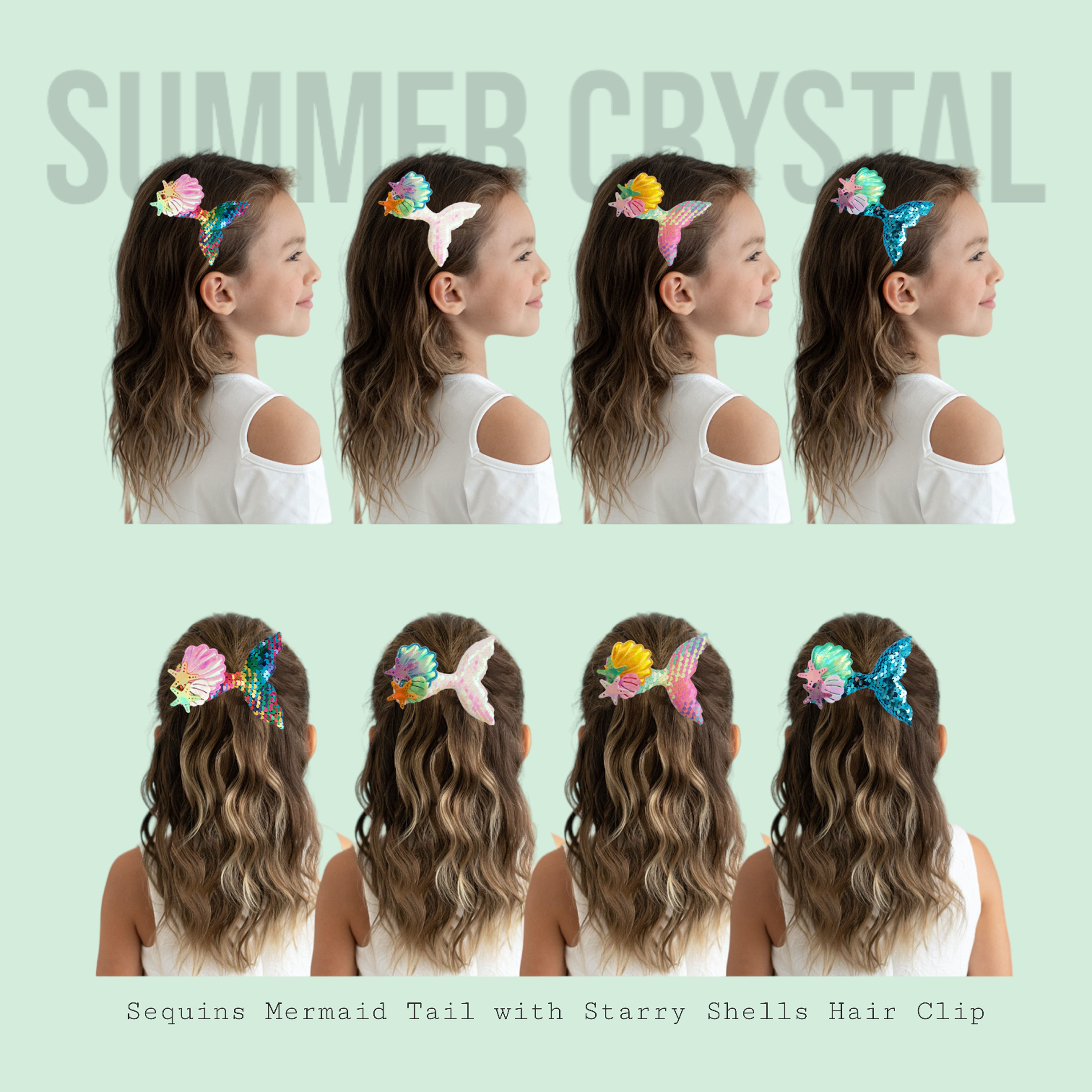 Summer Crystal - Sequin Mermaid Tail with Starry Shell Hair Clip - 1 Pack