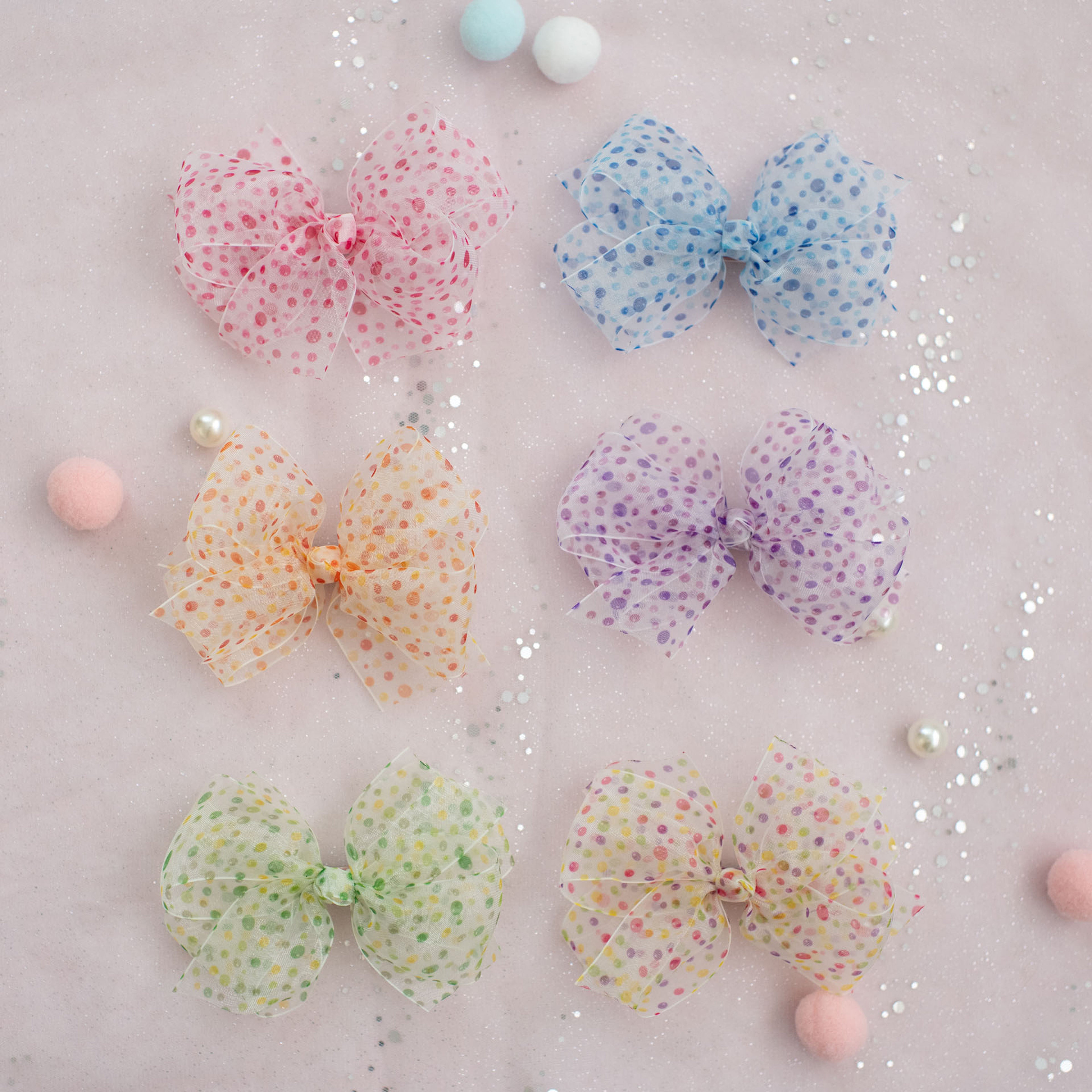 Summer Crystal - Sheer Tulle Bow with Dots Hair Clip - 1 Pack