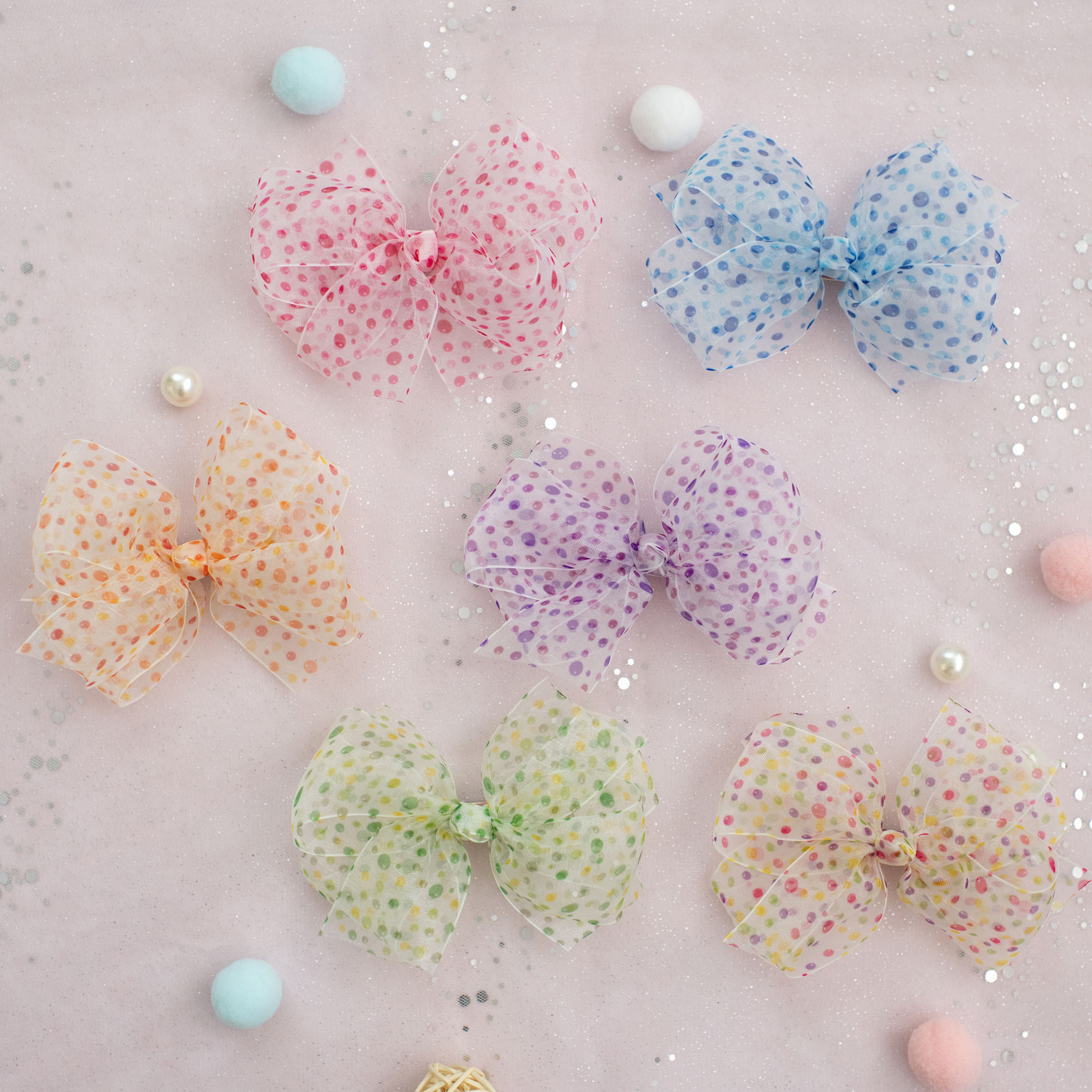 Summer Crystal - Sheer Tulle Bow with Dots Hair Clip - 1 Pack