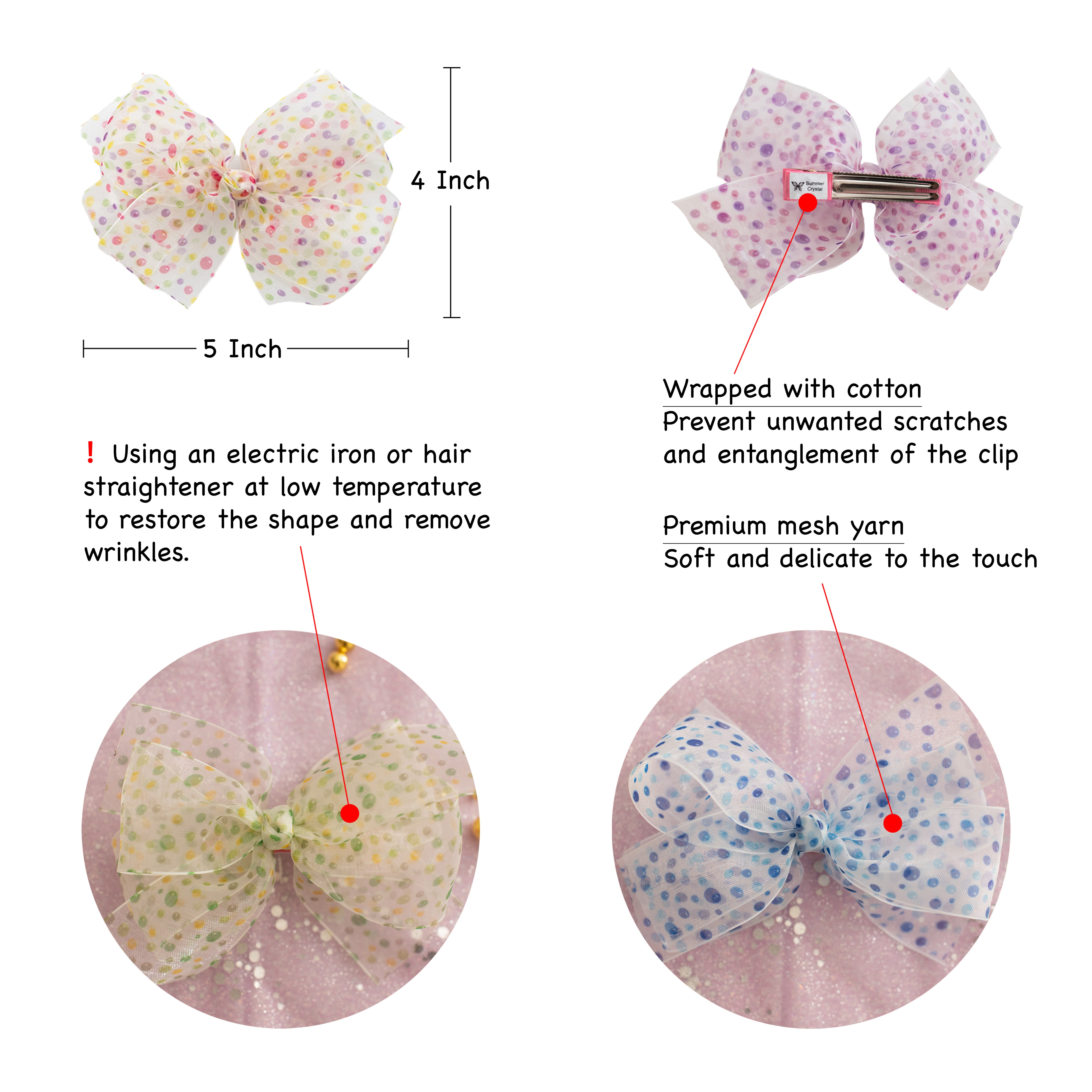 Summer Crystal - Sheer Tulle Bow with Dots Hair Clip - 1 Pack