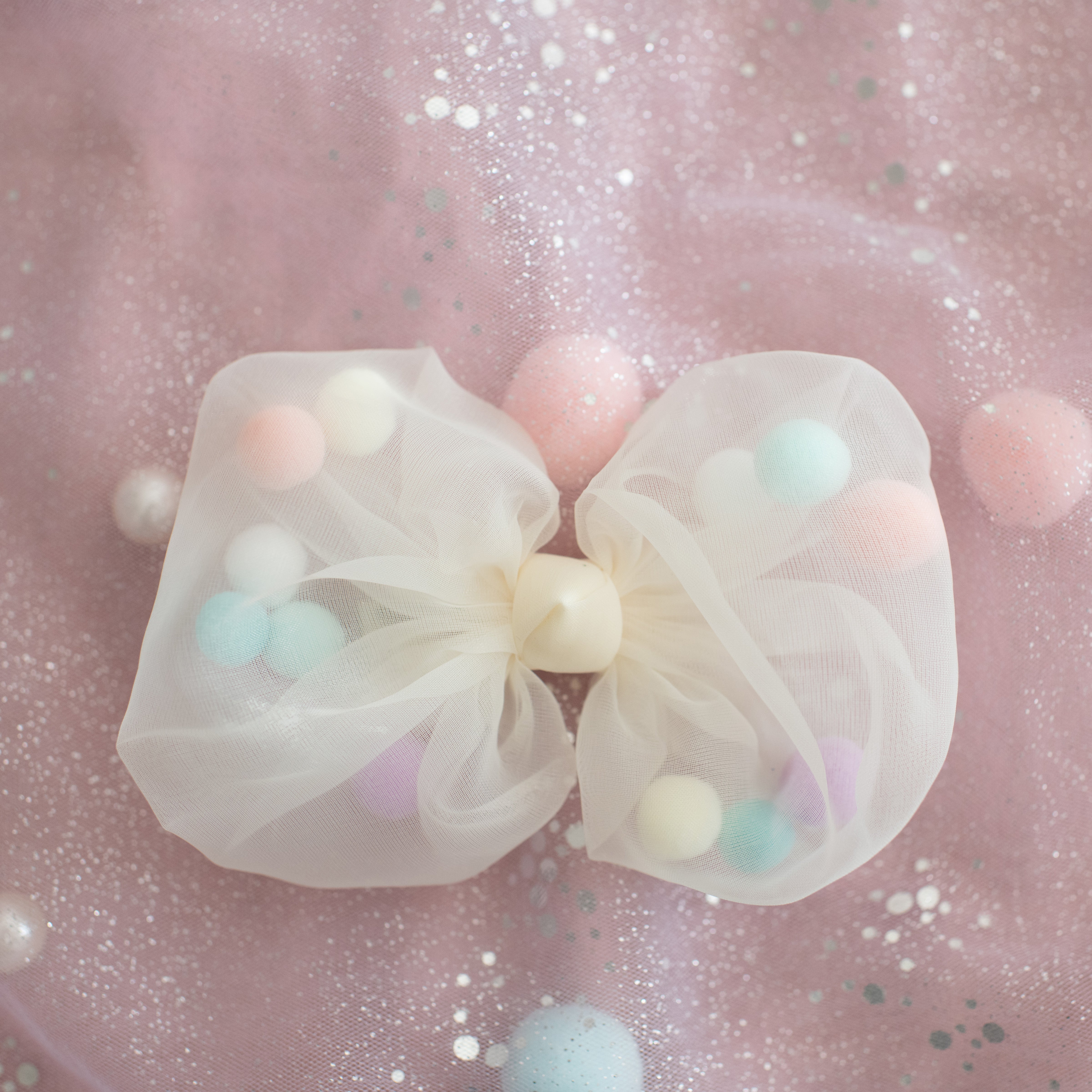 Summer Crystal - Tulle Bow with Pompoms Hair Clip - 1 Pack