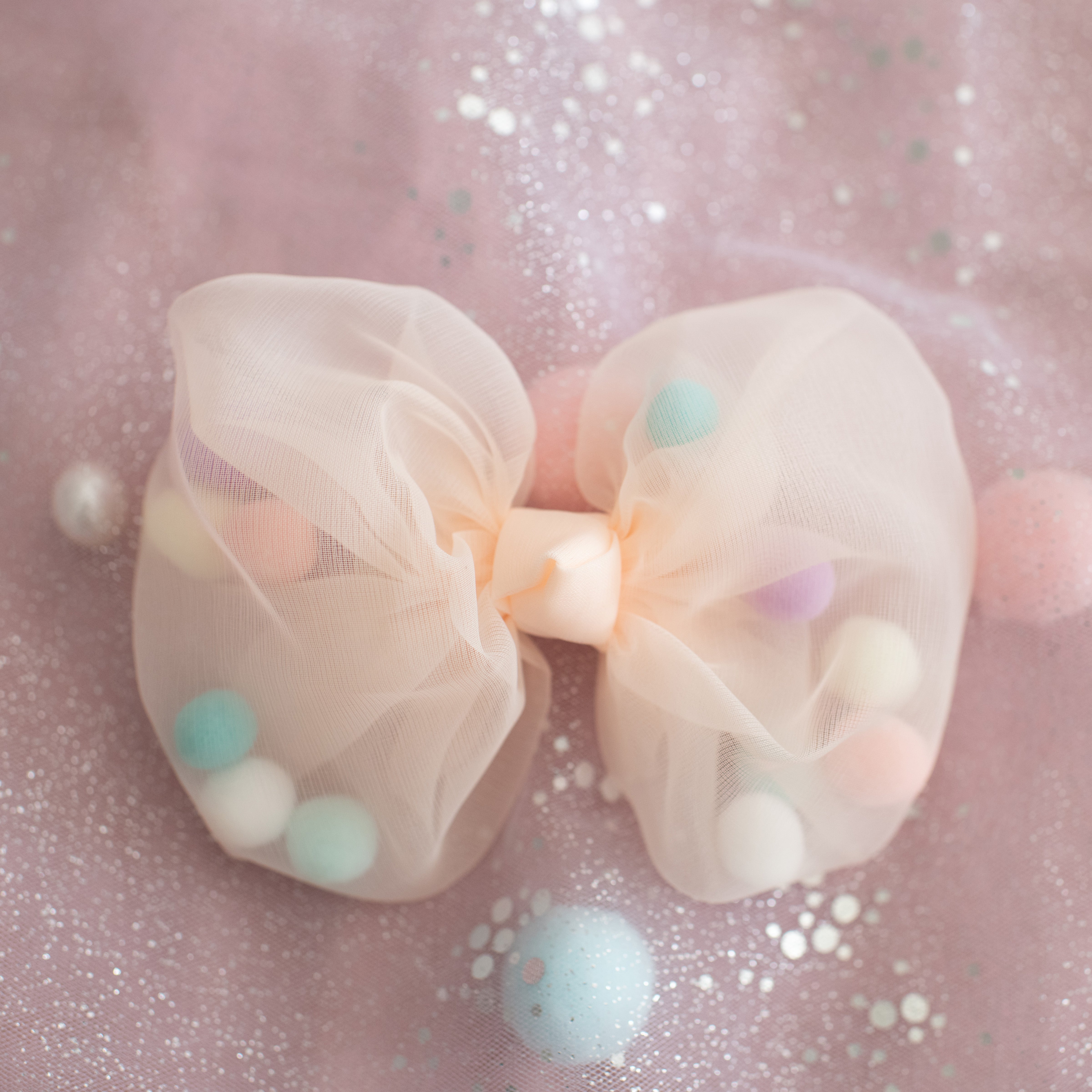 Summer Crystal - Tulle Bow with Pompoms Hair Clip - 1 Pack