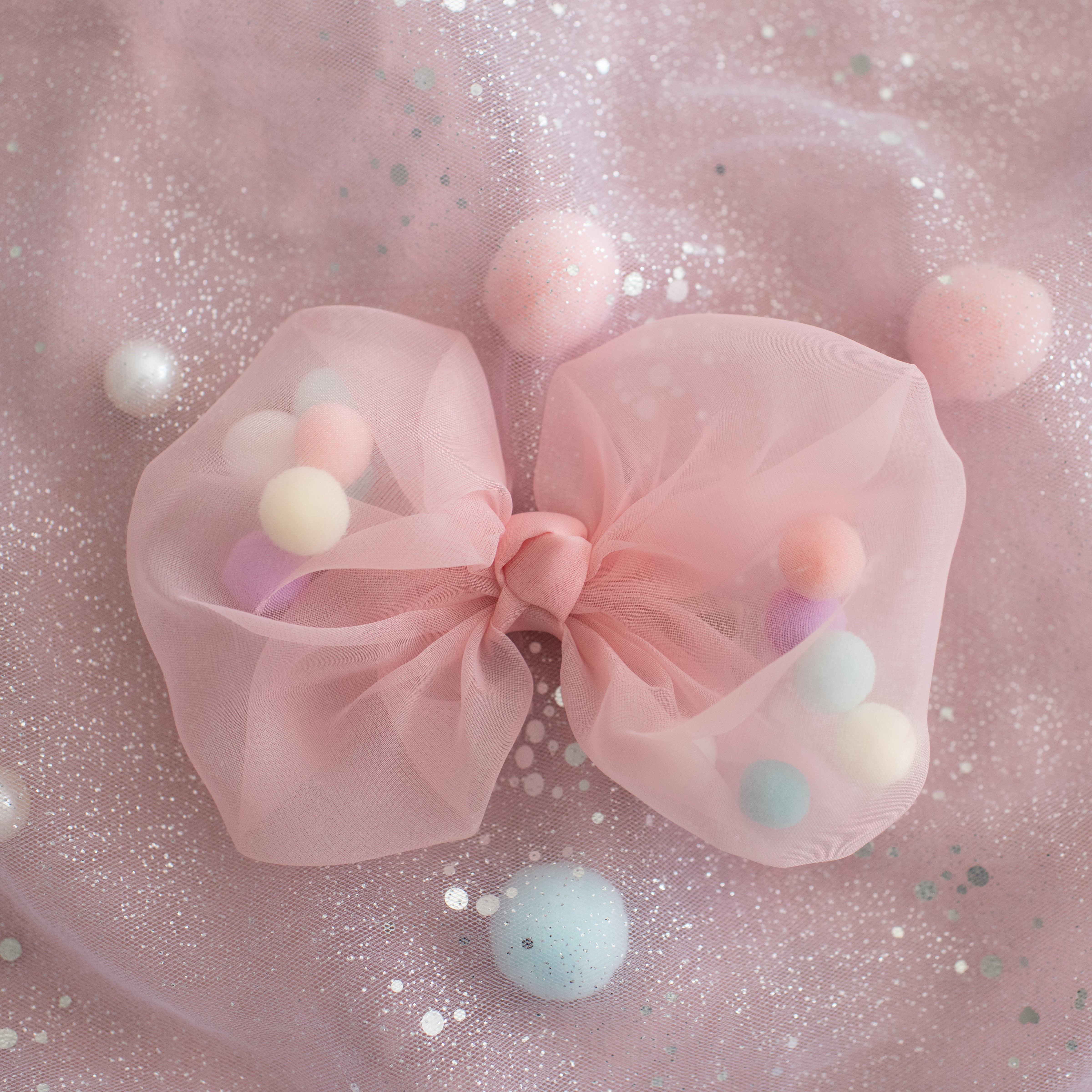 Summer Crystal - Tulle Bow with Pompoms Hair Clip - 1 Pack