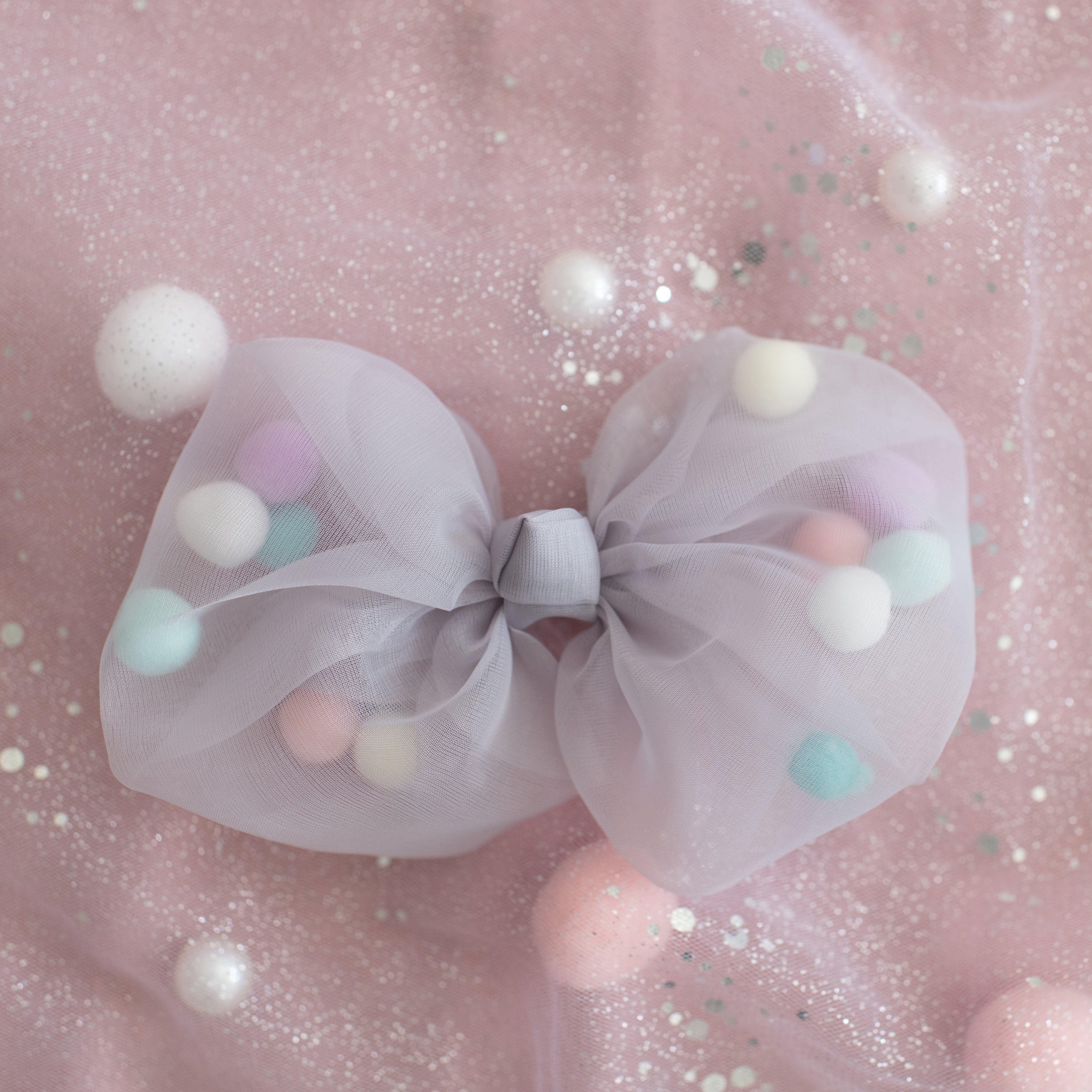 Summer Crystal - Tulle Bow with Pompoms Hair Clip - 1 Pack